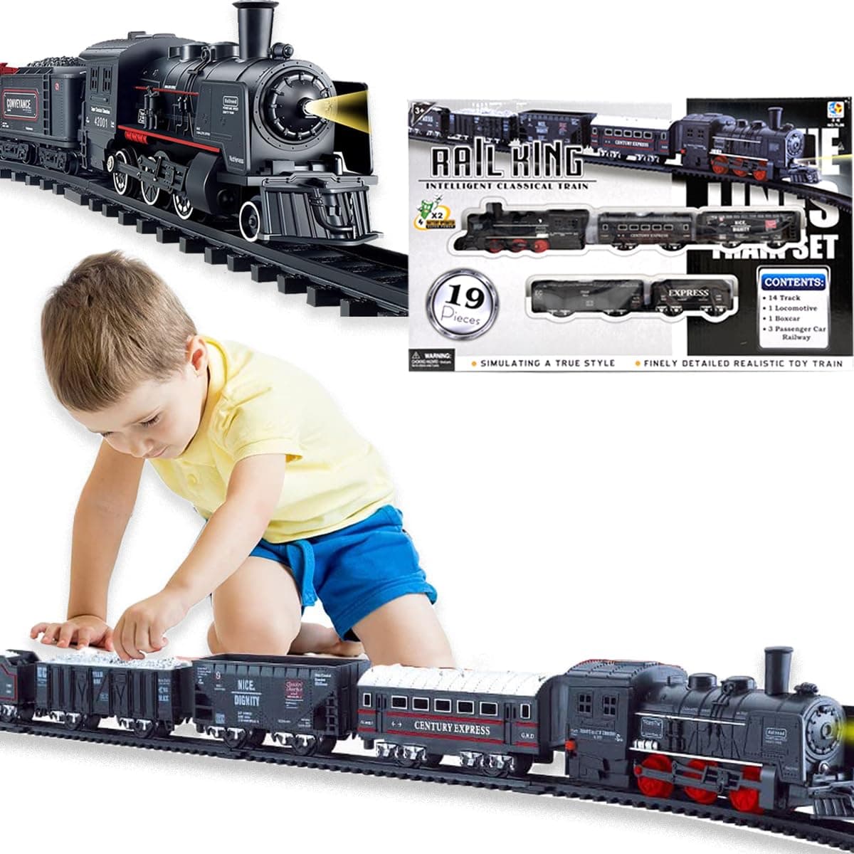 Xwin Classic Train Set for Kids with Light and Sound - 19Pcs Battery Operated Railway Toy with Tracks and Steam Locomotive, Train Playset for Boys and Girls Ages 3+ Years