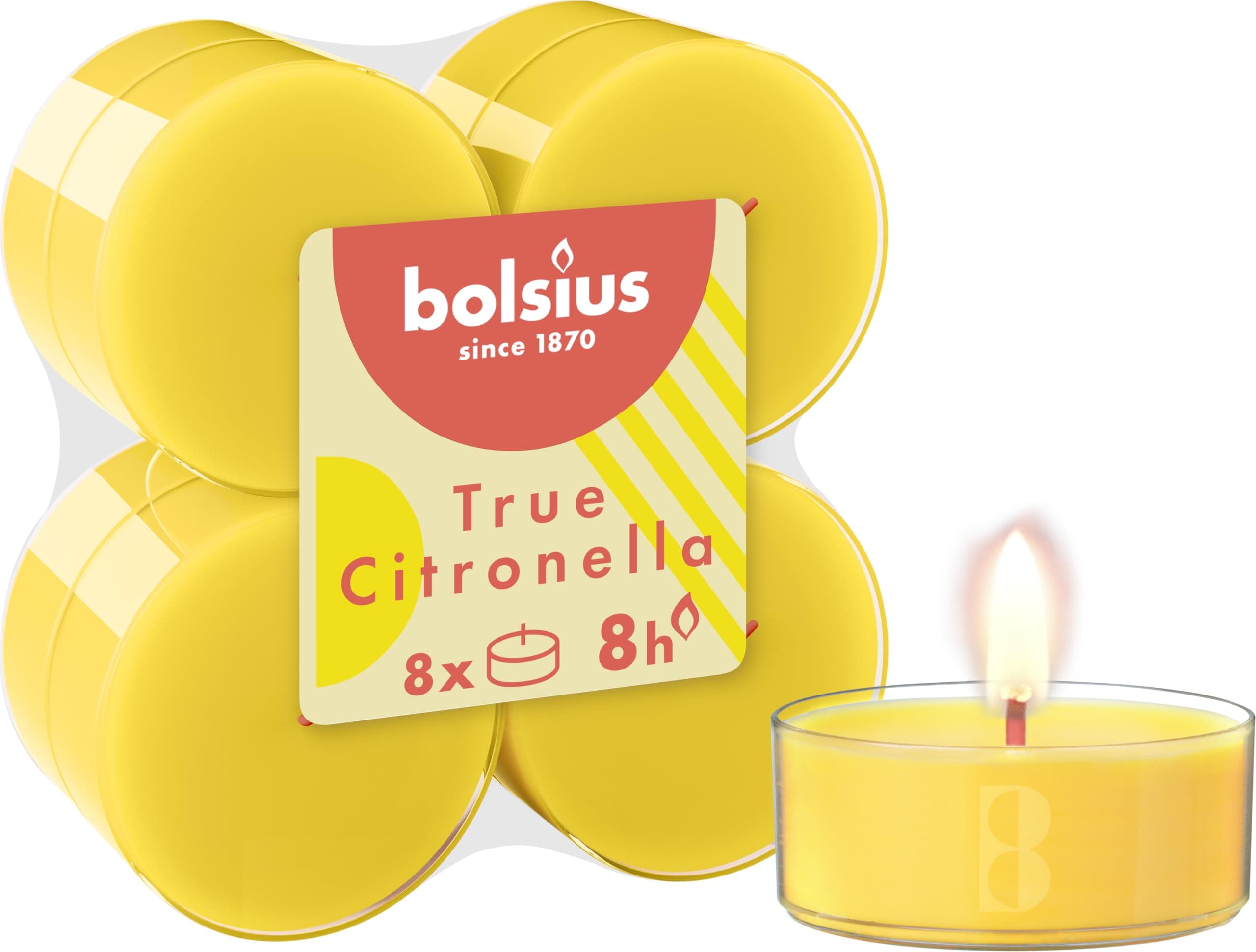 Bolsius True Citronella - Maxi Scented Tea Lights - Citronella - Pack of 8 - Long Burning Time of 8 Hours - Outdoor Candles - Natural Plant Wax - with Natural Extracts - Without Palm Oil