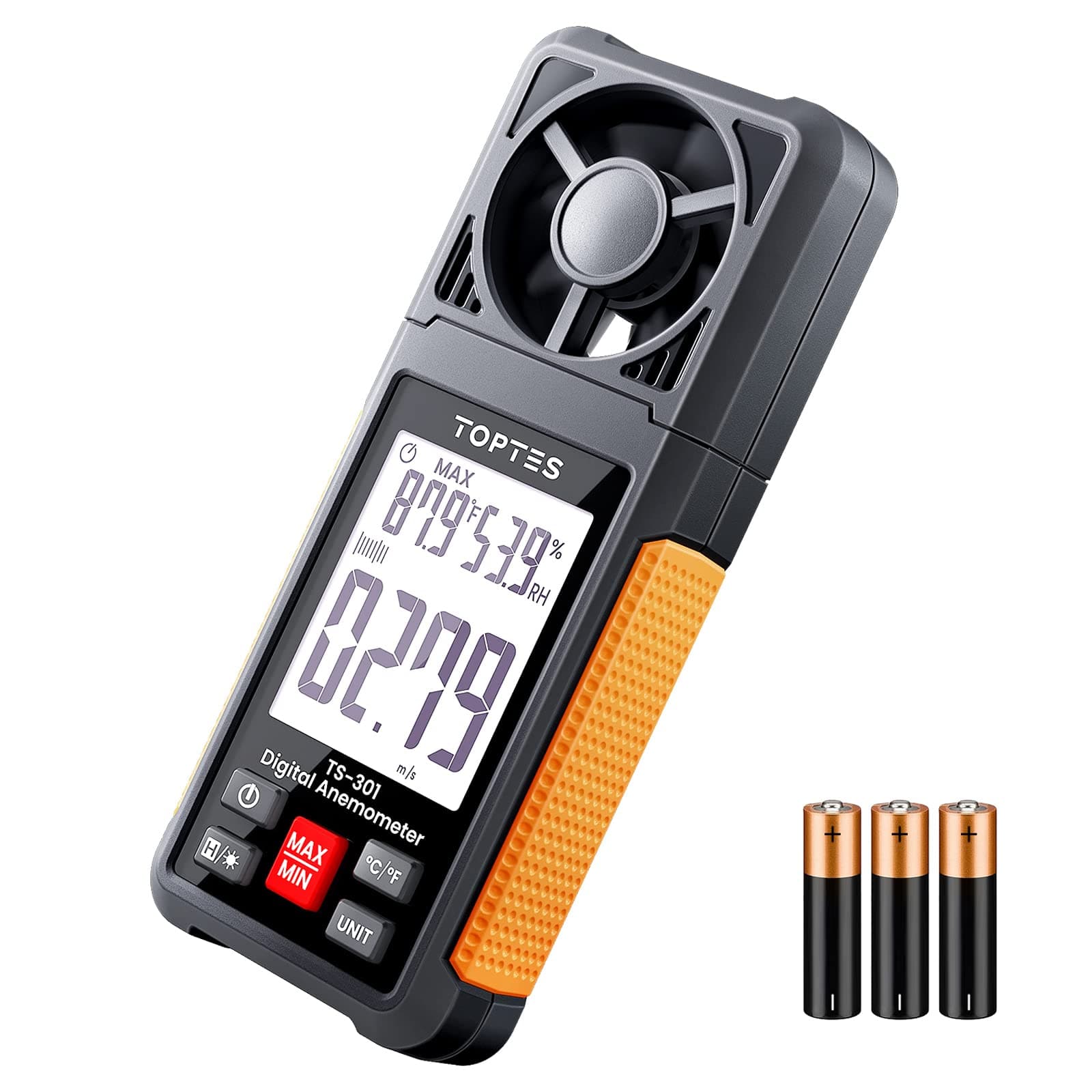 TopTes TS-301 Anemometer Wind Speed Meter, 2.26-Inch Display Wind Meter with Backlight, Max/Min/Average - Orange