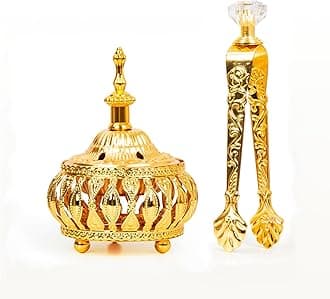 Golden Incense Holder, Frankincense Charcoal Incense Resin Stand, Bakhoor Incense Burner, Ideal for Aromatherapy Yoga Spa, Arabian Vintage Home Christian Church Censer (Golden)