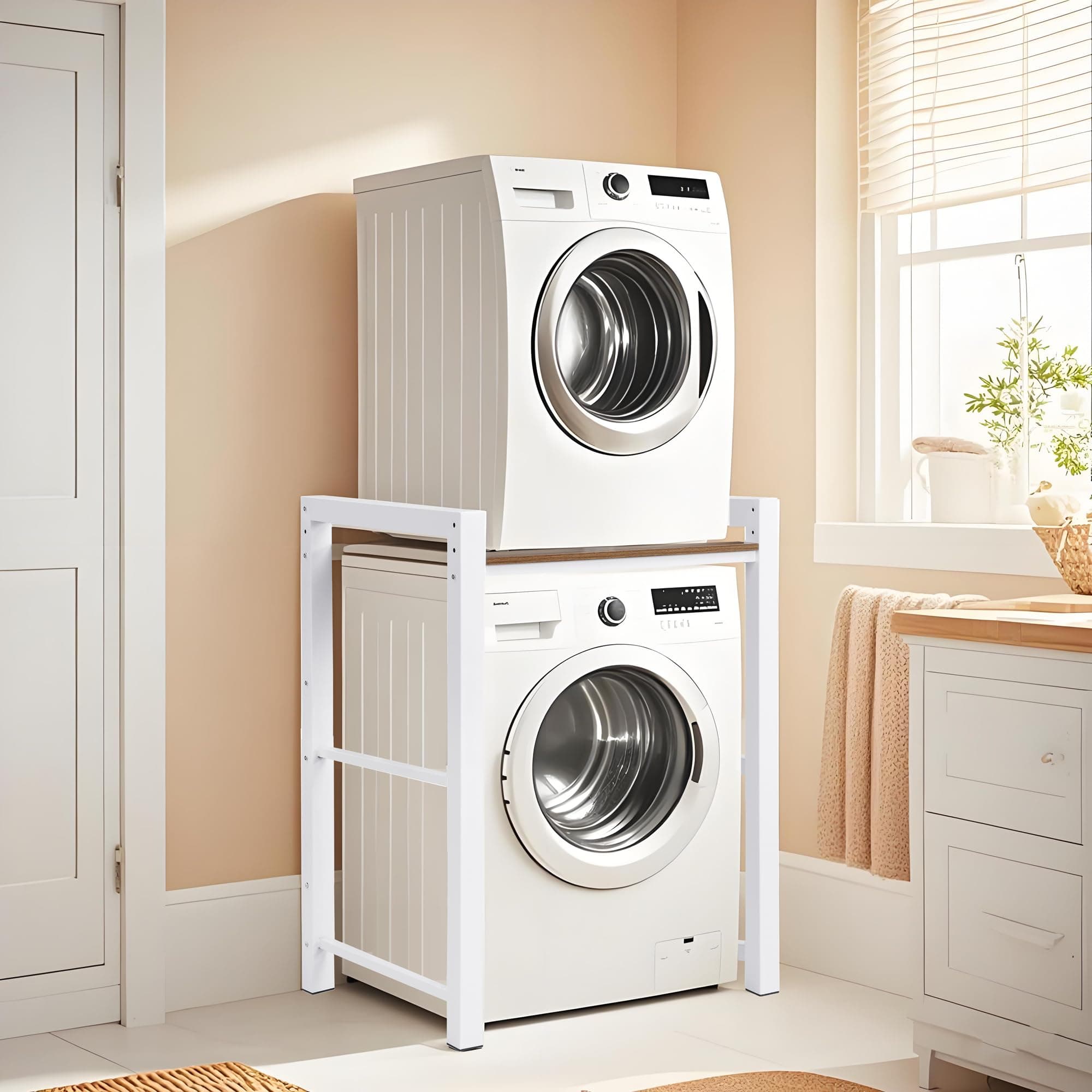 Washer Dryer Stacking Rack Stand, Heavy Duty Steel Standing Storage Shelf Washing Machine Shelf, Over The Washer and Dryer Shelves Space Saving, Load Capacity 300kg, for Bathroom Laundry Room (white)