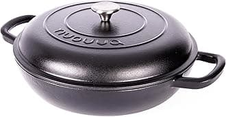 Shallow Cast Iron Casserole with Lid – Non Stick Dutch Oven Pot, Oven Safe up to 500° F – Sturdy Ovenproof Stockpot Cookware – Enamelled Cooking Pot – Black, 5-Quart, 32cm – by Nuovva