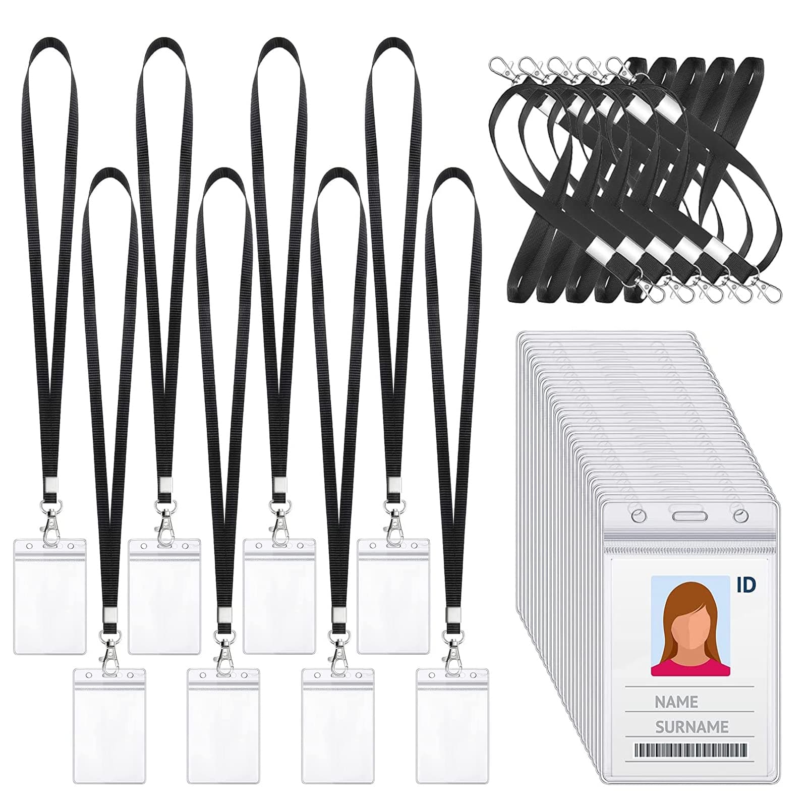 20 Pieces Vertical Name Badge Holders and 20 Pcs Neck Lanyards, ID Card Holder Waterproof Clear Plastic Vertical Name Tags Badge Holders Transparent PVC Pouch for Office School Travel (65 x 115 mm)