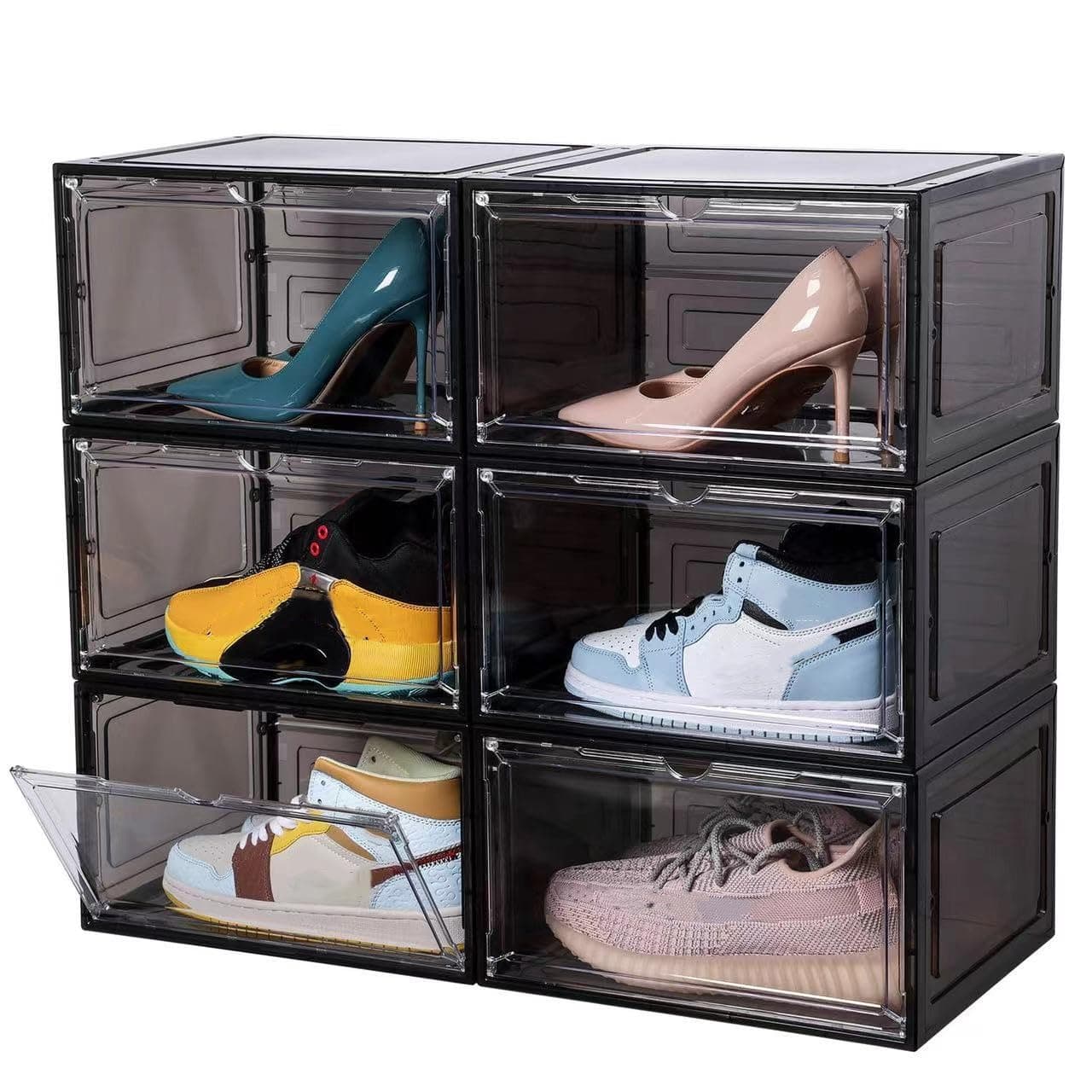 Attelite Large Clear Shoe Box Organizer,Plastic Stackable Shoe Storage Box with Magnetic Door, Large Clear Door Shoe Containers for Display Sneakers, Easy Assembly（Black）