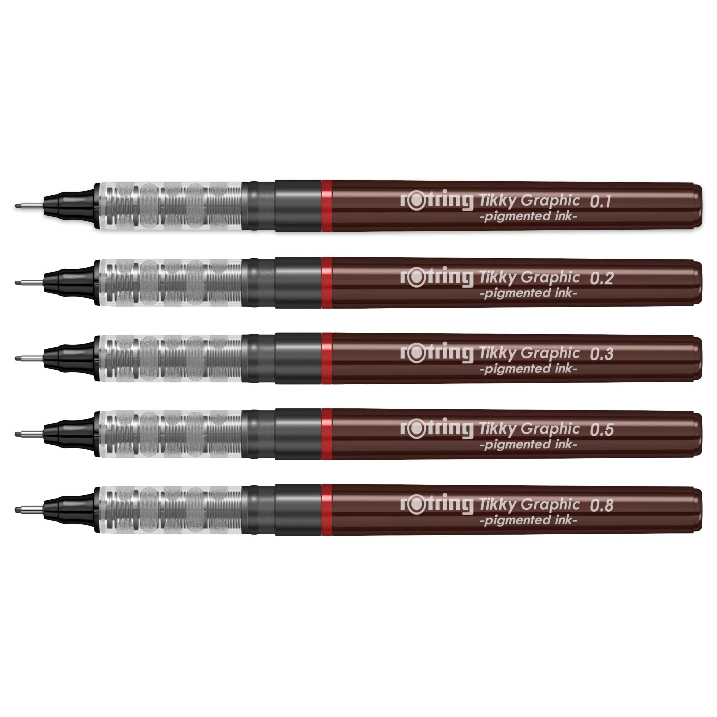 0.1mm, 0.2mm, 0.3mm, 0.5mm, 0.8mm Line Thickness Tikky Graphic Fineliner with Black Pigmented Lightfast And Water Resistant Ink For Long Life Drawings, Sketching, Non-Refillable, 5 Pen Set
