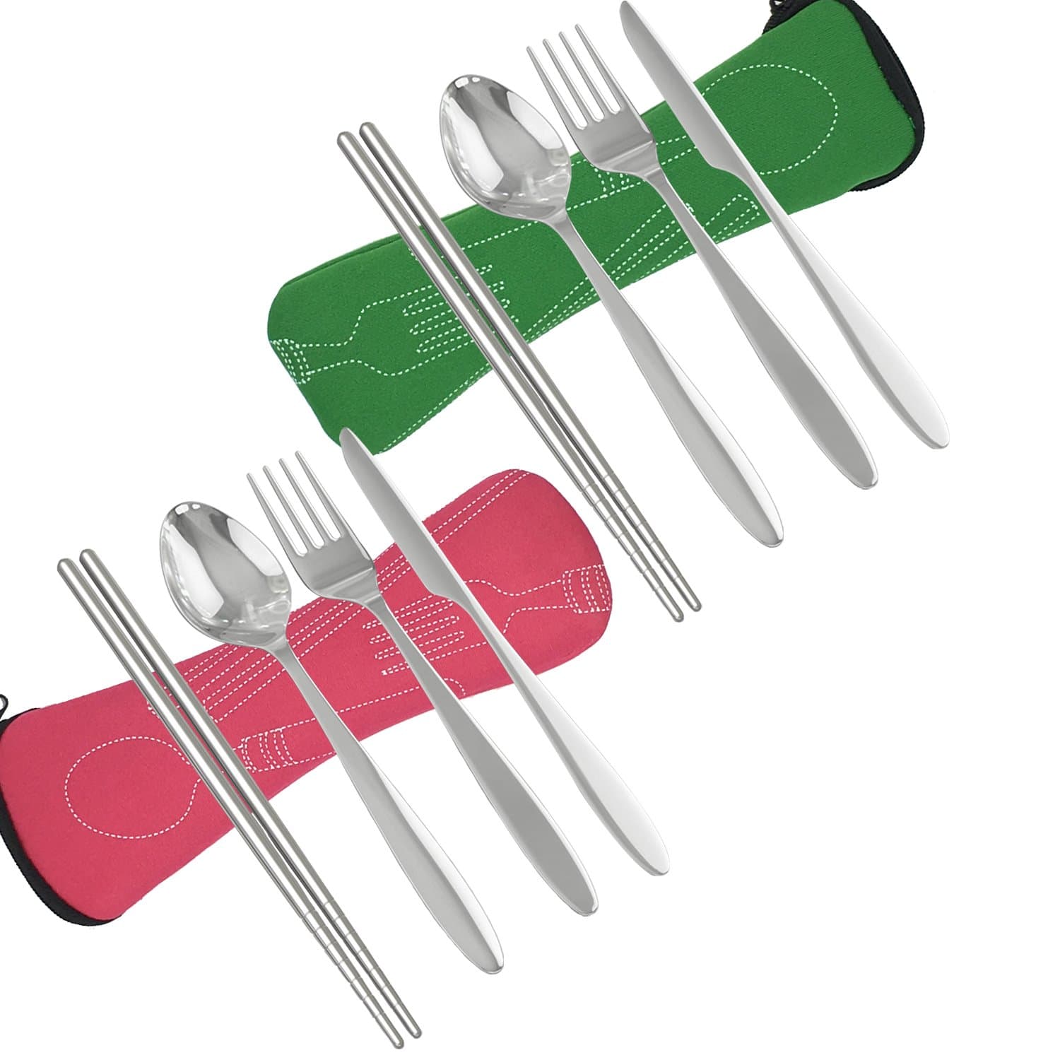 J&F8 Piece Stainless Steel Flatware Sets Knife, Fork, Spoon, Chopsticks, Camping Picnic Utensil Travel Working Hiking Cutlery Set With Neoprene Case. (Green&Pink)
