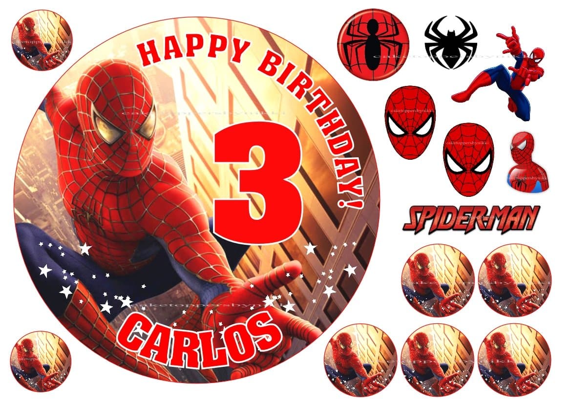 Edible Spiderman 7.5" Icing Boys Personalised Cake Topper with EXTRA'S