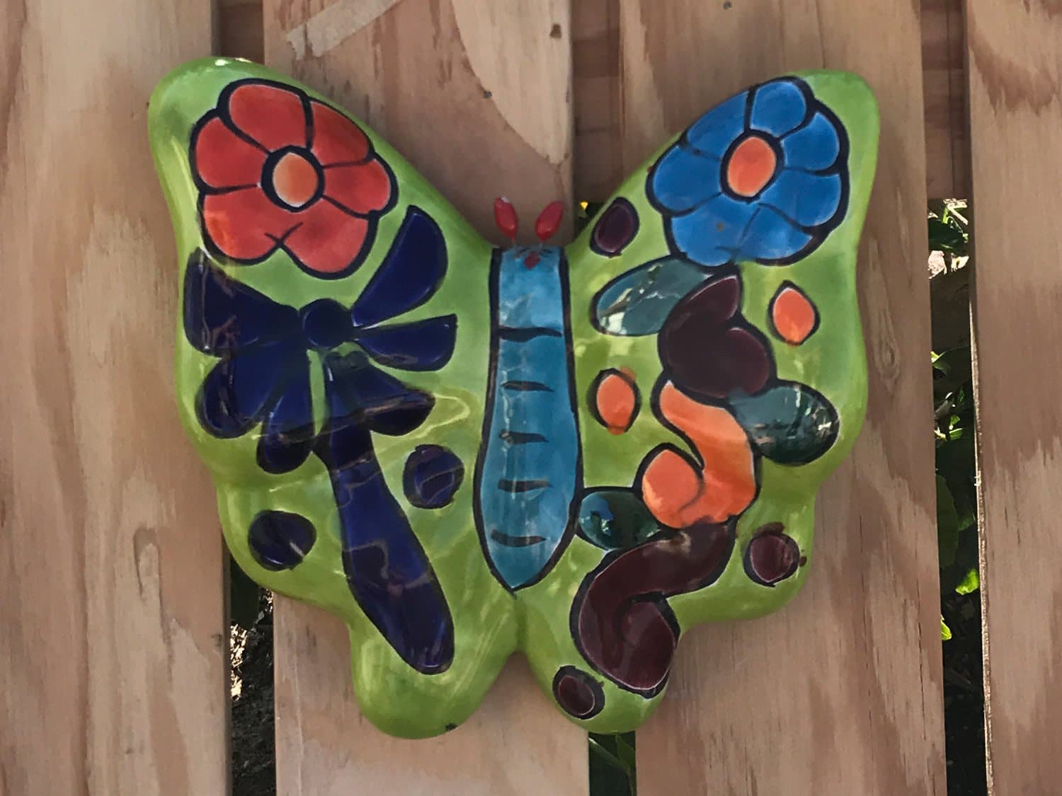 Authentic Puebla Talavera Ceramic Butterfly 7" Pottery Mexico Hand Painted Hanging Wall Art Decor! Lifelike Shape [Lime W/ Green Centers]