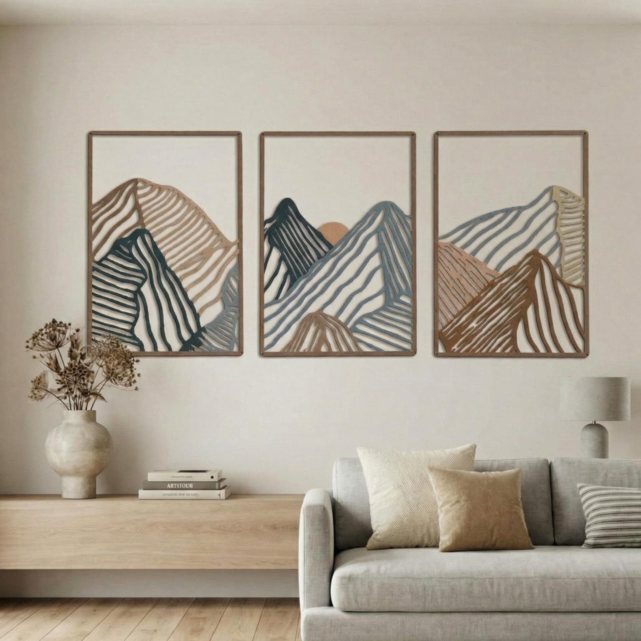 Peryiter 3 Pcs Mountain Metal Wall Art Mountain Line Wall Decor Abstract Minimalist Wall Art Rustic Nature Wall Decor for Home Bathroom Living Room (Vibrant Colors)