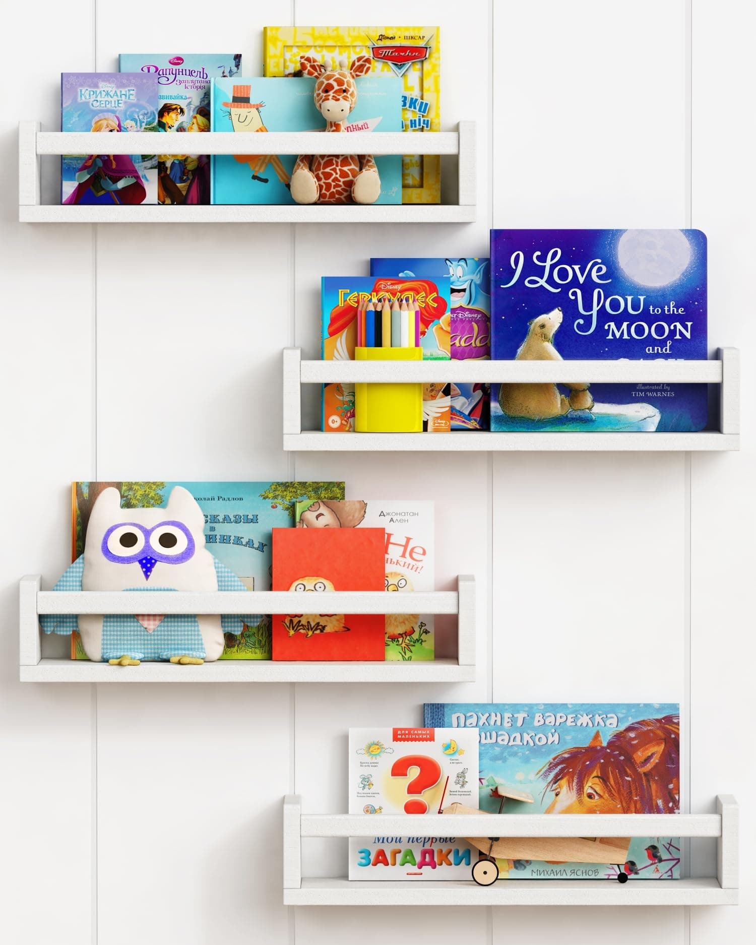 Forbena Floating Nursery Book Shelves for Wall Set of 4, White Wall Bookshelf for Kids Room, Small Wood Book Shelf Bookshelves for Baby Teen Boys Girls Bedoom Bathroom Toy and Decor Storage
