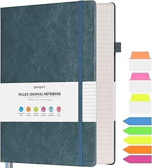 Lined Journal Notebook, Large A5 College Ruled Notebook, 312 Numbered Pages Work Notebook with Index Stickers, 100gsm Paper, Hardcover Vegan Leather Journal for Women Men School Office, Grey Blue