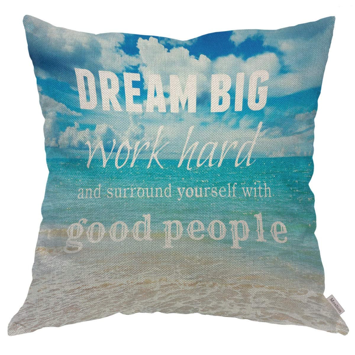 Moslion Throw Pillow Cover Case Dream Big Work Hard Inspirational Quote Navy Blue Ocean Beach Scene Cotton Linen Cushion Covers for Couch/Sofa/Boy Gilrs Bedroom Livingroom 18 x 18 inch Pillow case