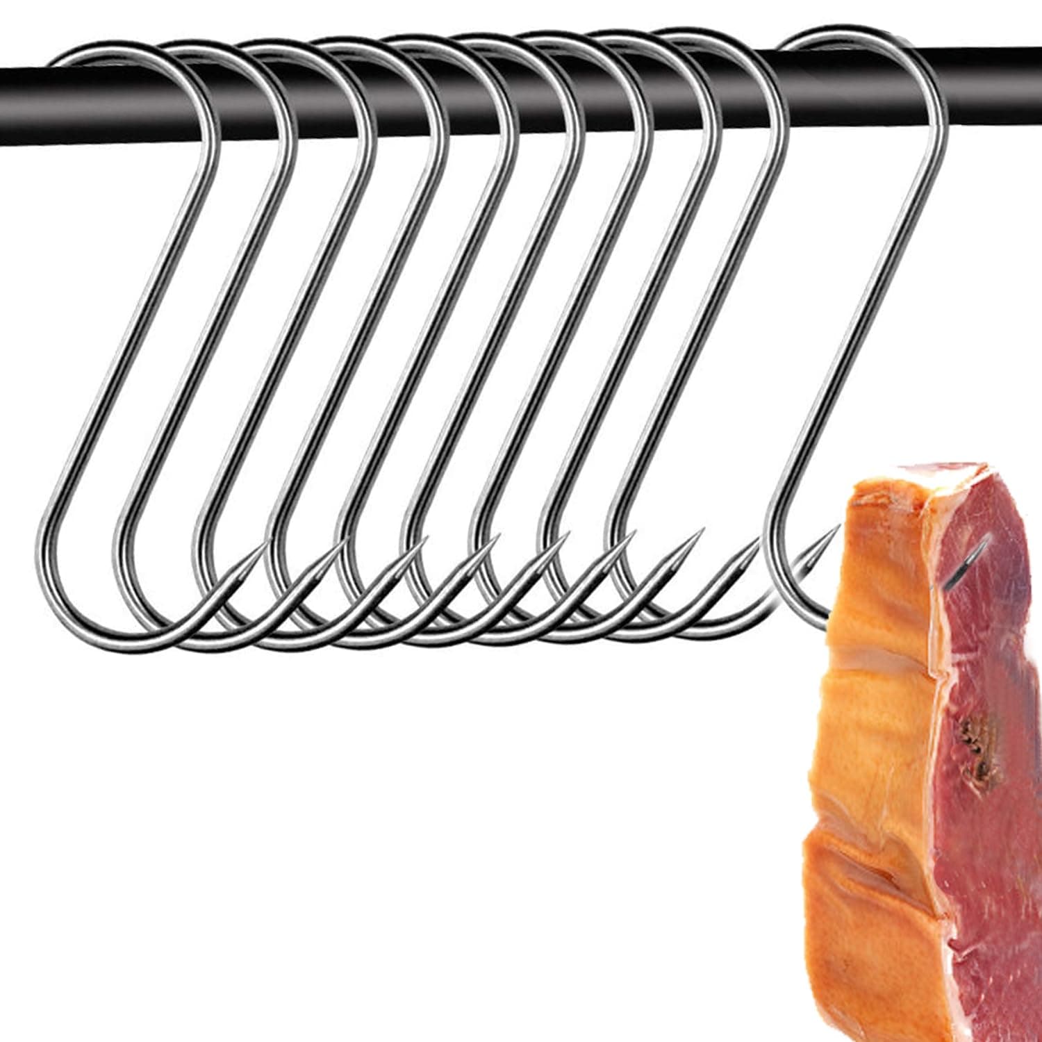 Ompinda S Hooks for Hanging Meat, 10 Pcs Heavy Duty Stainless Steel S Shaped Butcher Hook Smoking Hooks for Chicken/Beef Hook Tool (7 inch)
