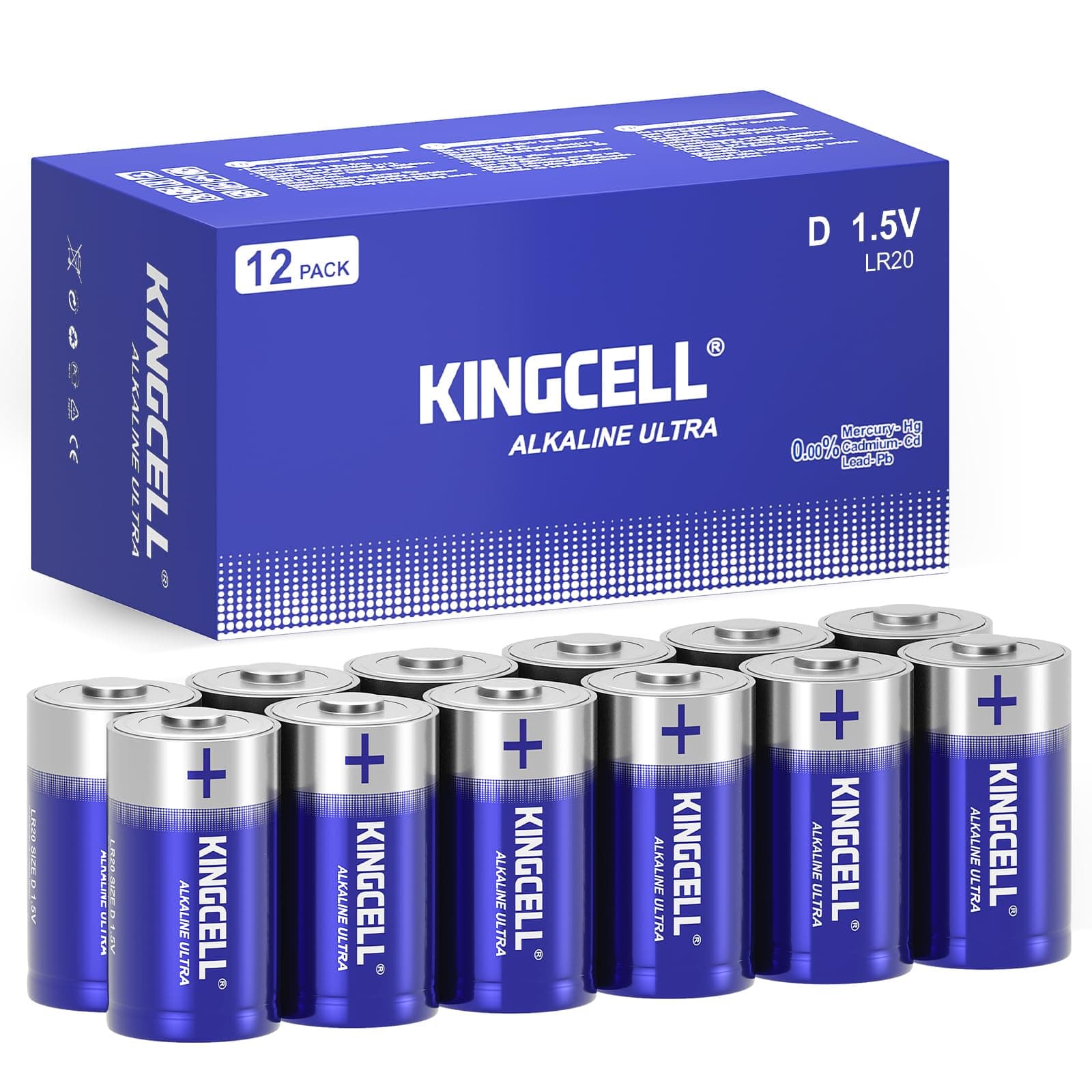KINGCELL D Batteries Pack of 12, Powerful D-Cell Battery with 7 Year Shelf Life, Long Lasting Power Alkaline 1.5 V Battery for Torches, Radios, Watches, Stereos, etc.