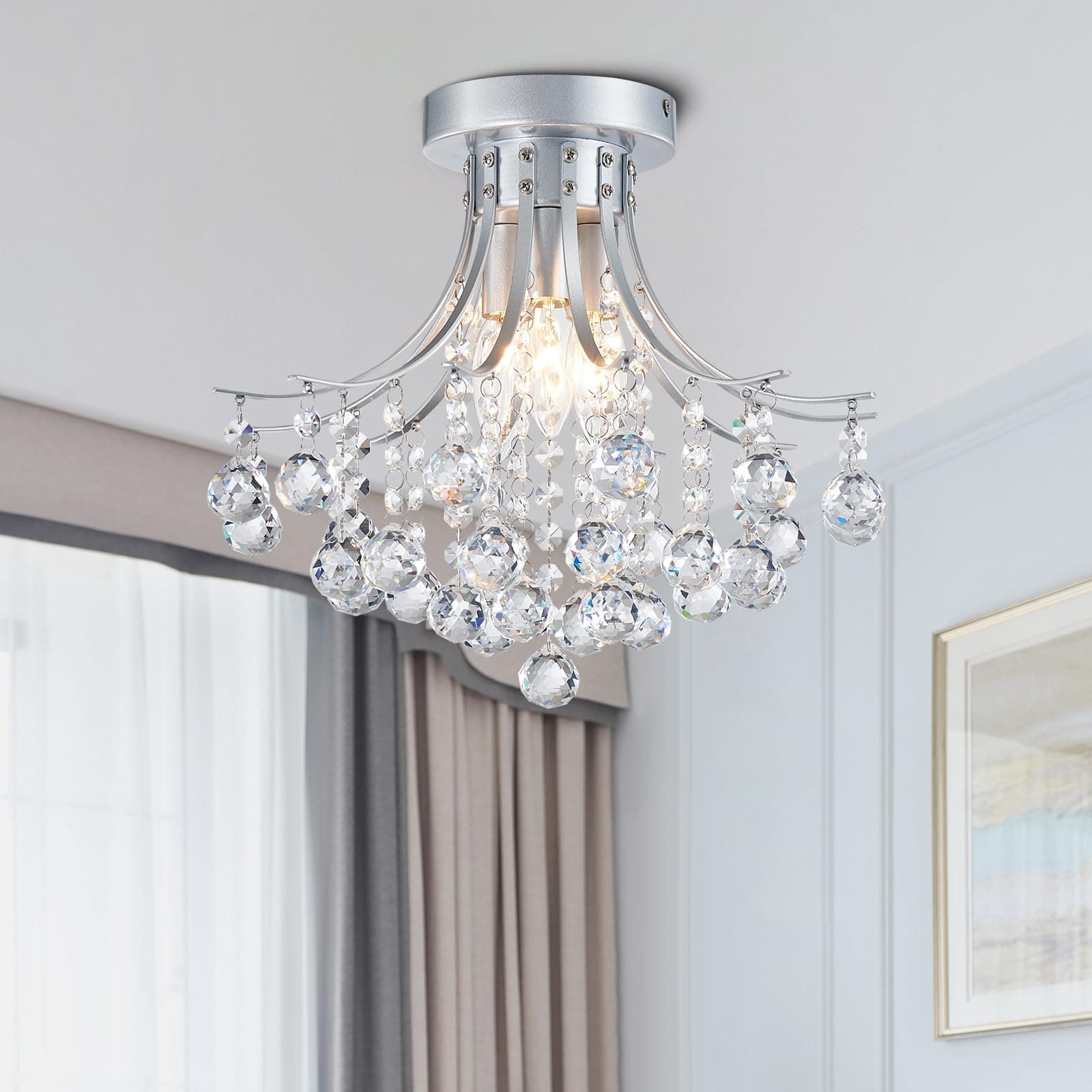 Bestier Modern Silver Crystal Semi-Flush Mount Chandelier Lighting Ceiling Light Fixture Lamp for Diningroom Bathroom Bedroom Livingroom 3 E12 Bulbs Required D13.5 inch X H11.6 inch