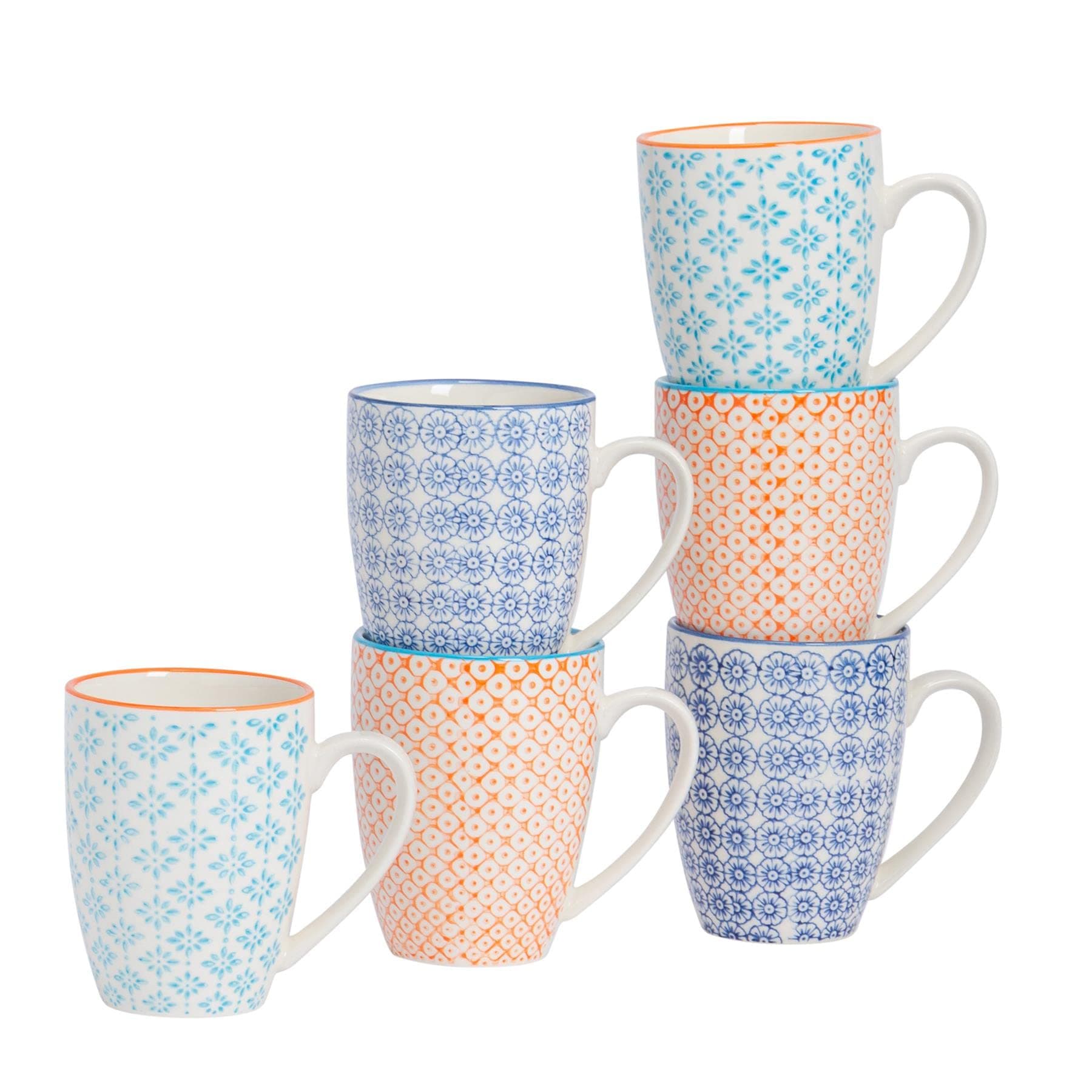 Nicola Spring Hand-Printed Mug - 330ml - Navy, Orange & Blue - Pack of 6 - Porcelain Hot Chocolate Cups Tea & Coffee Mugs for Kitchens, Cafes & Restaurants