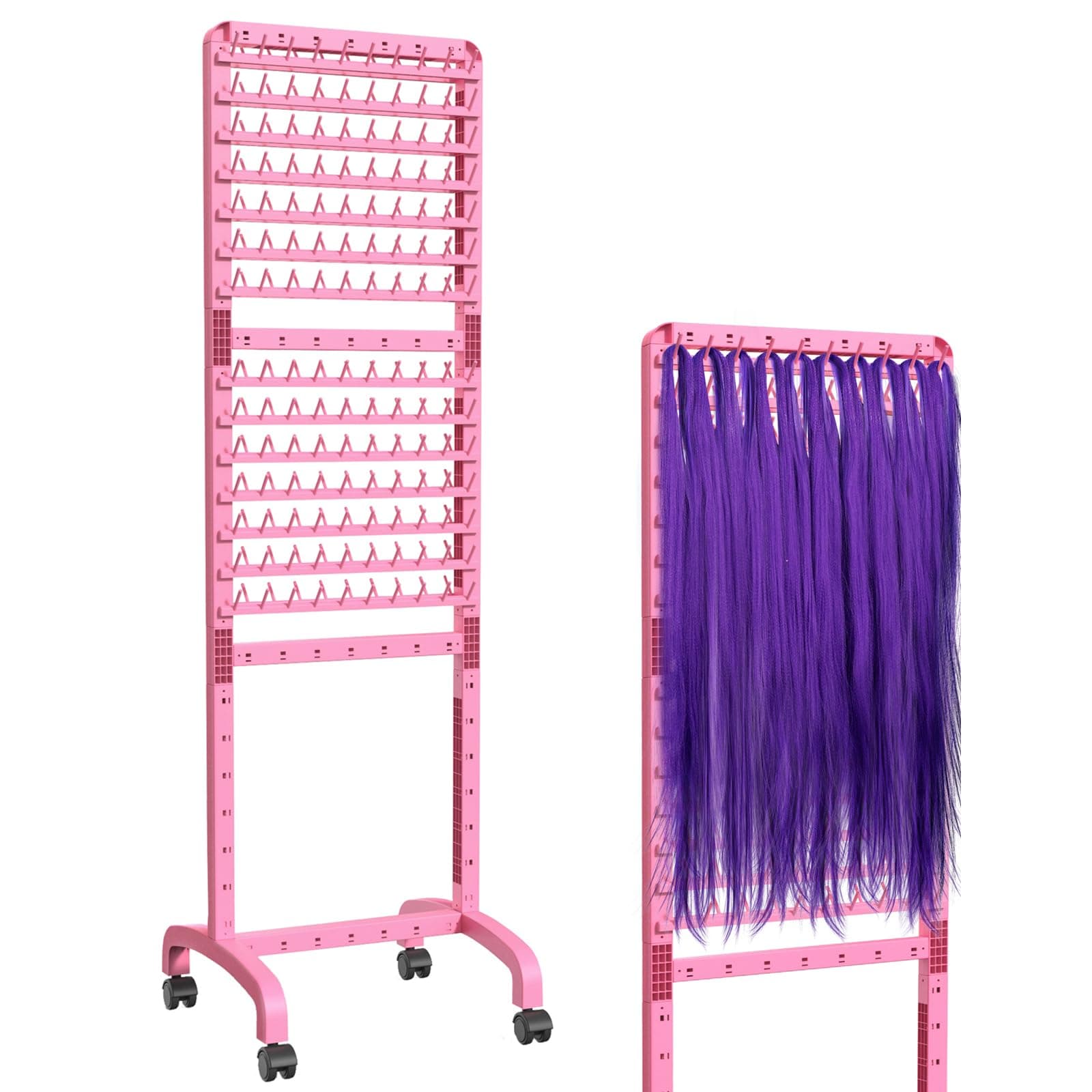 Adjustable Braiding Rack 280 Pegs, 2-Sided Braiding Hair Rack for Braiders, Standing with Wheels, Pink Hair Separator for Stylists