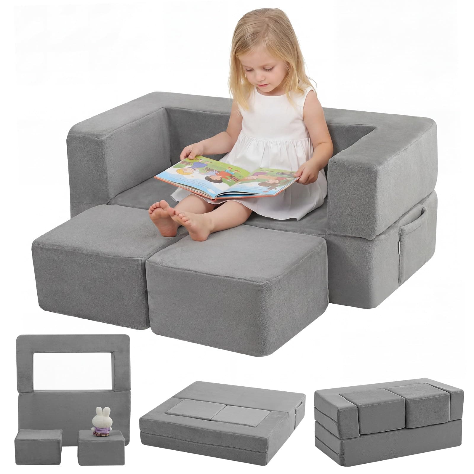 Kids Play Couch Sofa – Grey Modular Convertible Foam Couch Soft Fold-Out Toddler Seating for Creative Play, Reading, Resting & Playroom Fun
