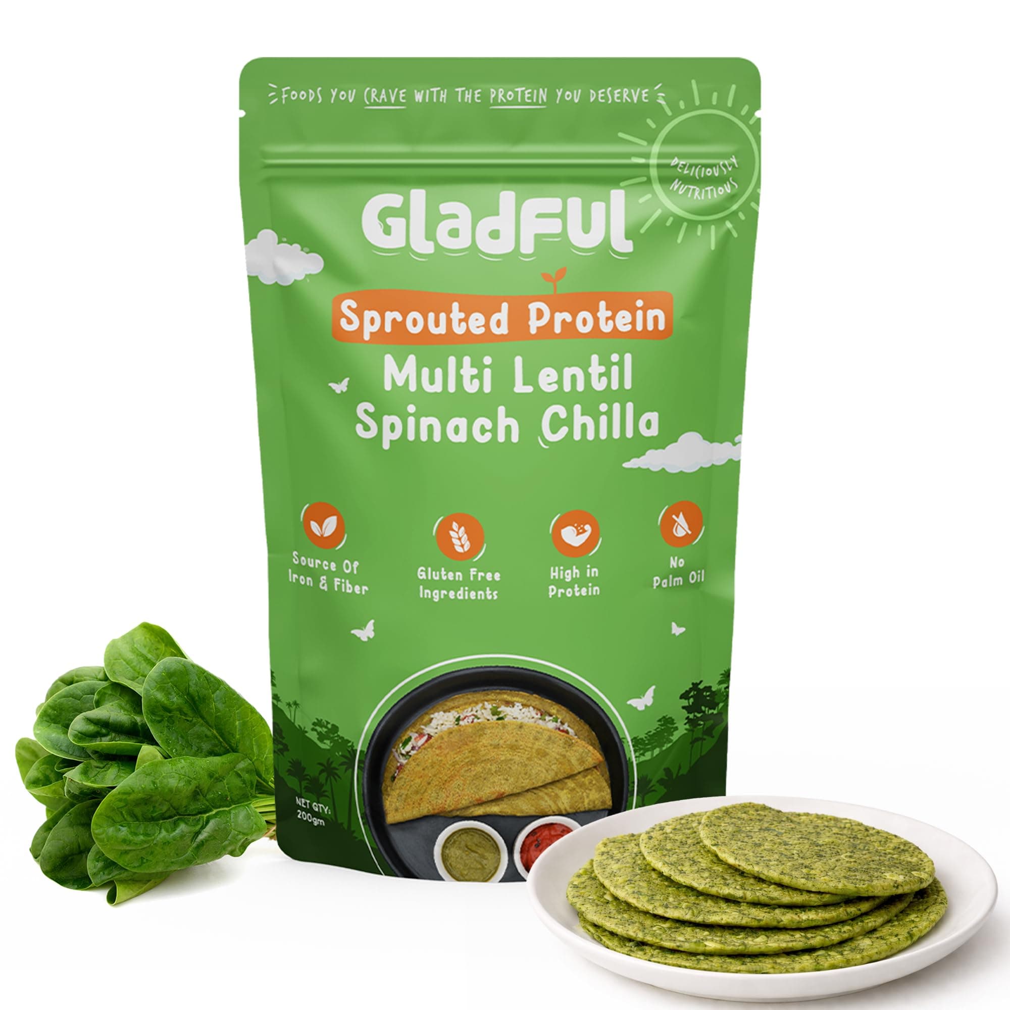 Gladful Sprouted Protein Spinach Instant Chilla Mix - No Maida, No Palm Oil, Gluten Free, High Protein & Fiber-Rich Food, 200 g (Pack of 1)