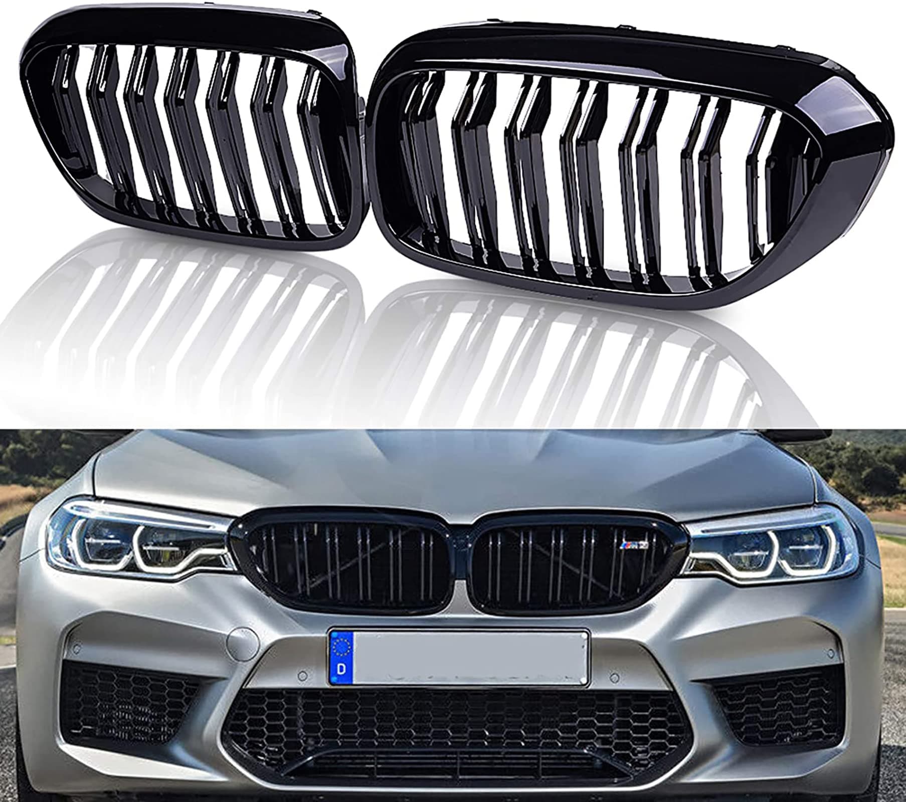 G30 Grille, Front Kidney Grill Compatible for BMW 5 Series G30 G31 2017-2019 Double Slats Gloss Black Grills