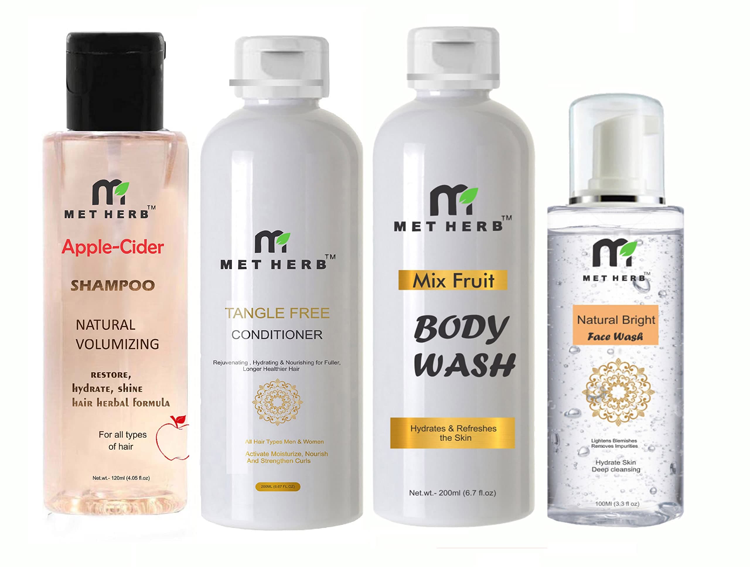 METHERB Apple Cider Shampoo -200ml & Tangle Free Conditioner -200ml & Mix Fruit Body Wash -200ml & Natural Bright face wash-100ml