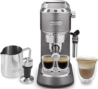 De'Longhi DEDICA METALLICS Coffee Machine Barista Pump Manual Espresso Maker with Milk Frother and Kit (Frothing Jug + Tamper) for Americano, Cappuccino, Latte, Macchiato EC785.GY Grey