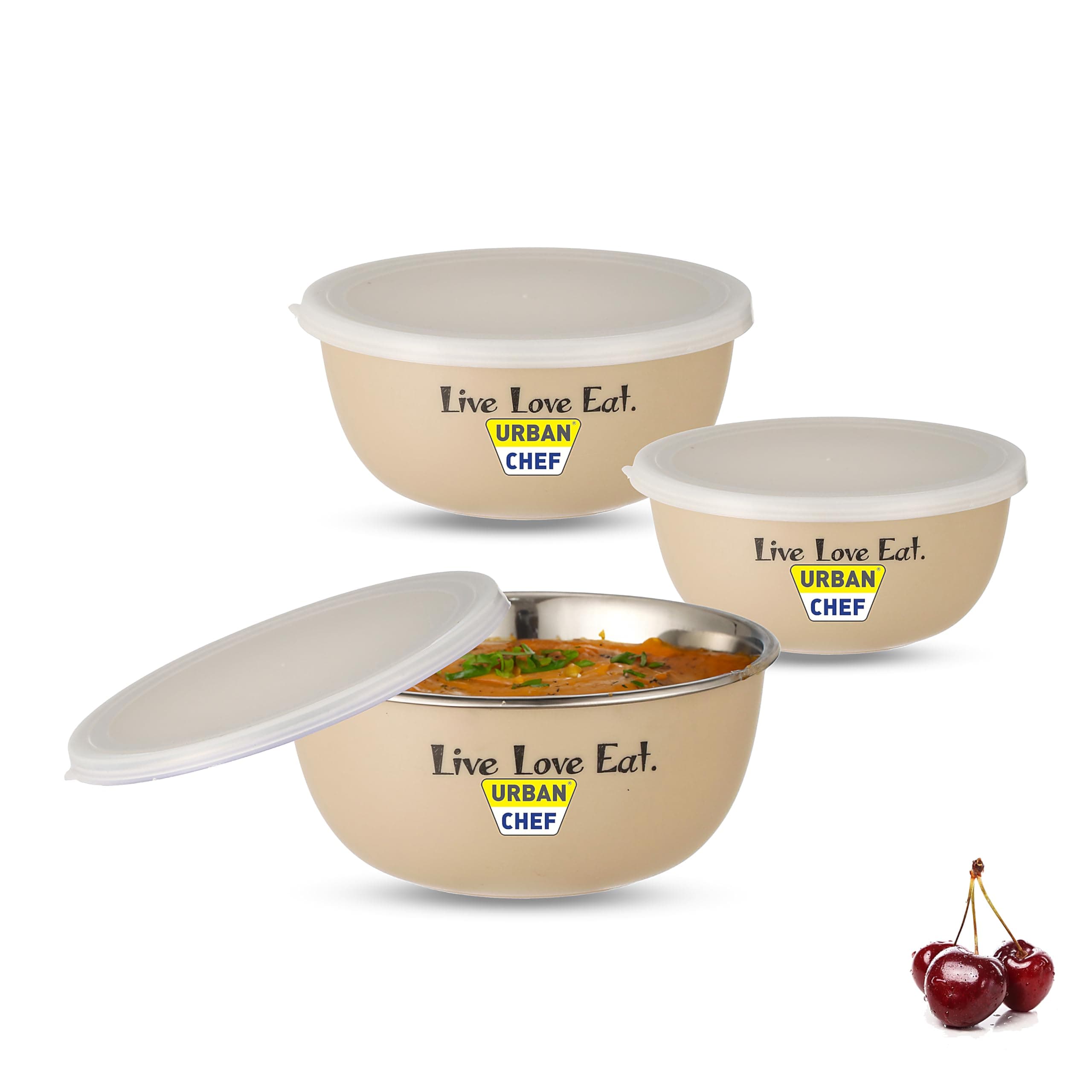Microwave Safe Bowl Sets, Bowl, Serving Bowl with lid |16.91,25.36,42.27 Ounce | Flora Stainless Steel Serving Bowls, Microwave Oven Bowl. Bowl Set of 3 with Lid- Cream
