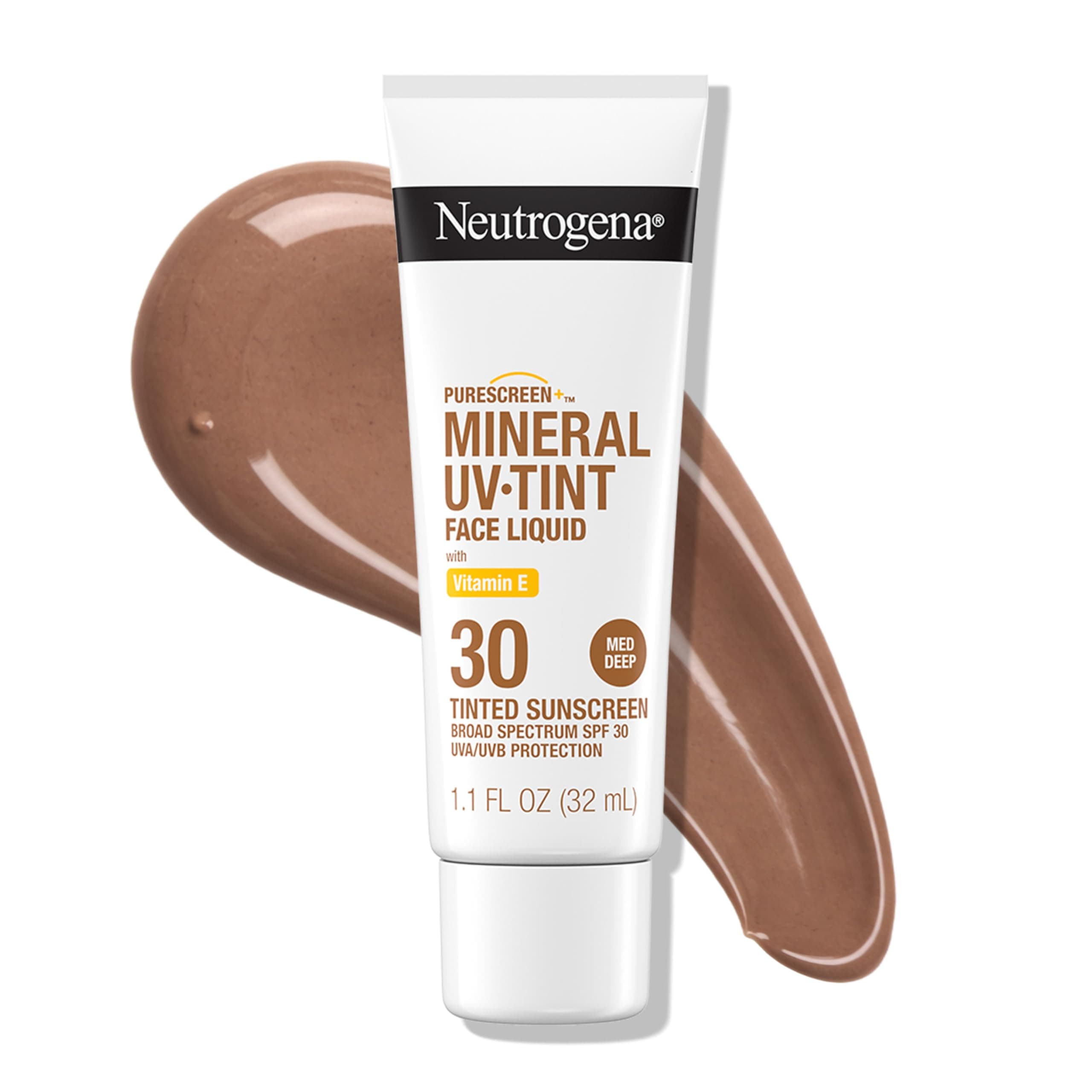 Neutrogena Purescreen+ Tinted Sunscreen for Face with SPF 30, Broad Spectrum Mineral Sunscreen with Zinc Oxide and Vitamin E, Water Resistant, Fragrance Free, Medium Deep, 1.1 fl oz