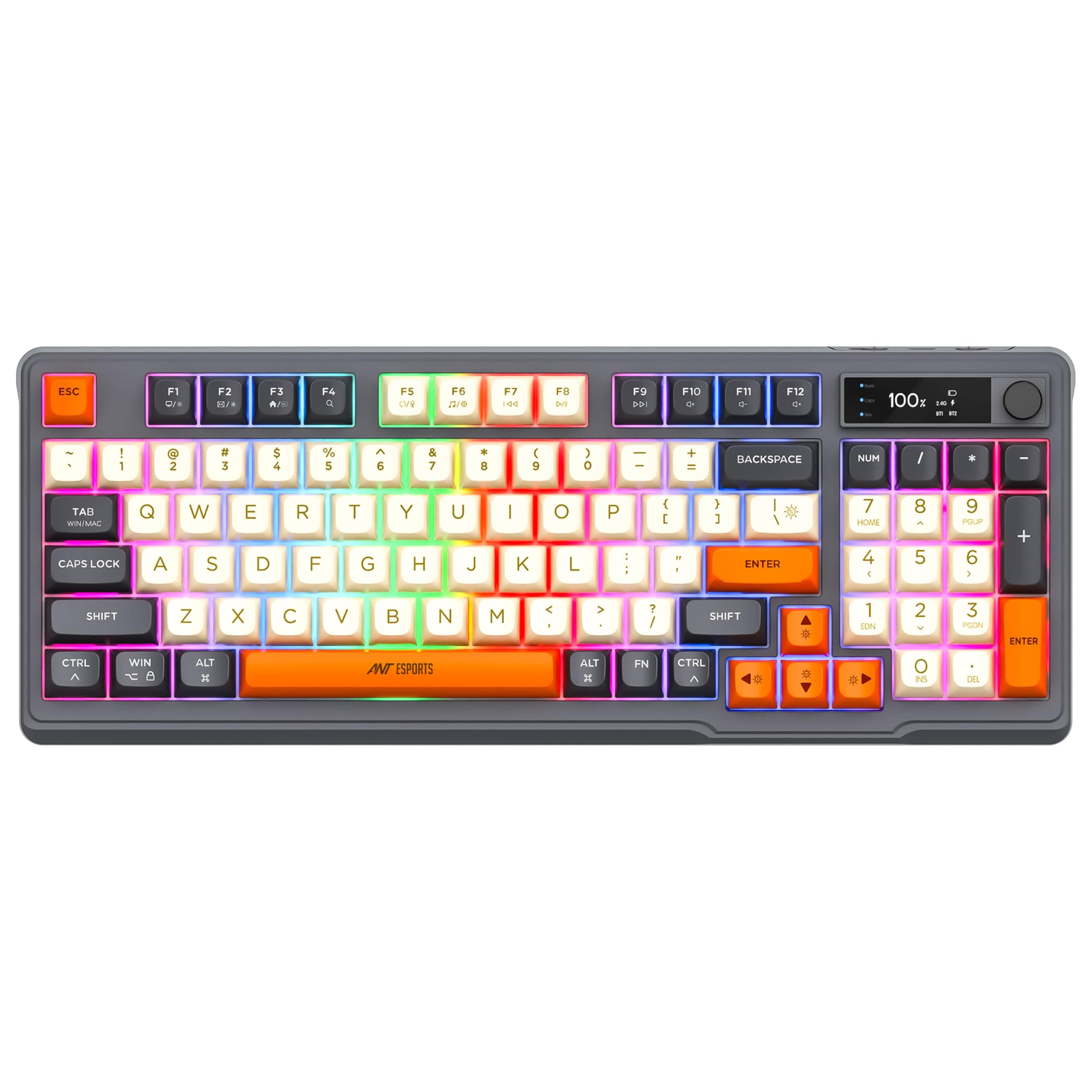 MK801 V2 Pro Wireless Mecha Membrane Backlit Gaming Keyboard 94 Keys 2.4G/Bluetooth Mode Compact Numeric Pad RGB Keyboard for Home Internet Cafe Game Room Office_ Grey, Beige, Orange