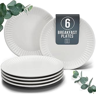 PURE LIVING INTERIOR DESIGN Breakfast and Dessert Plate Set Hygge Series - Stoneware, Stylish Cake Plates, Dishwasher, Microwave, and Scratch Resistant - Small Plates, Salad for 6 - in Light Grey