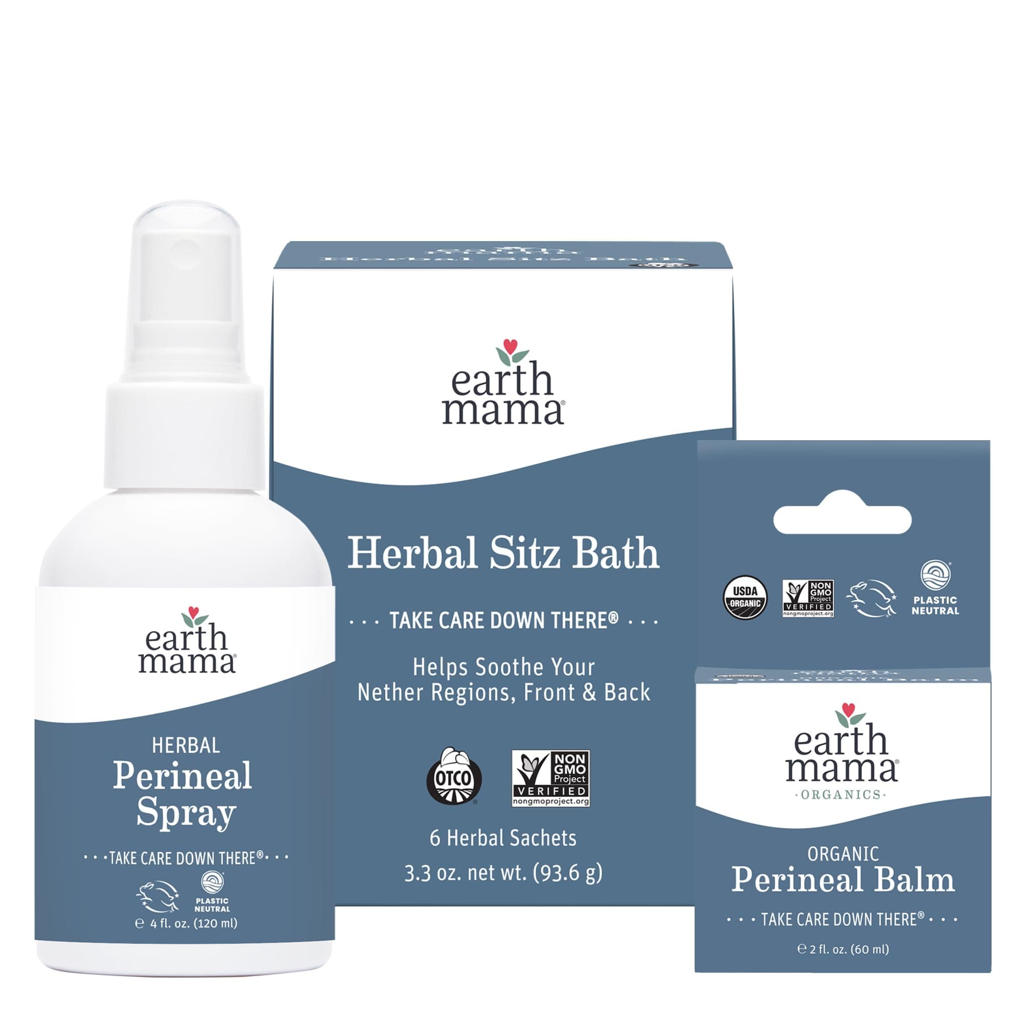 Postpartum Recovery Kit, Take Care Down There® Trifecta with Organic Perineal Balm, Sitz Bath & Herbal Peri Spray, 3-Piece Set