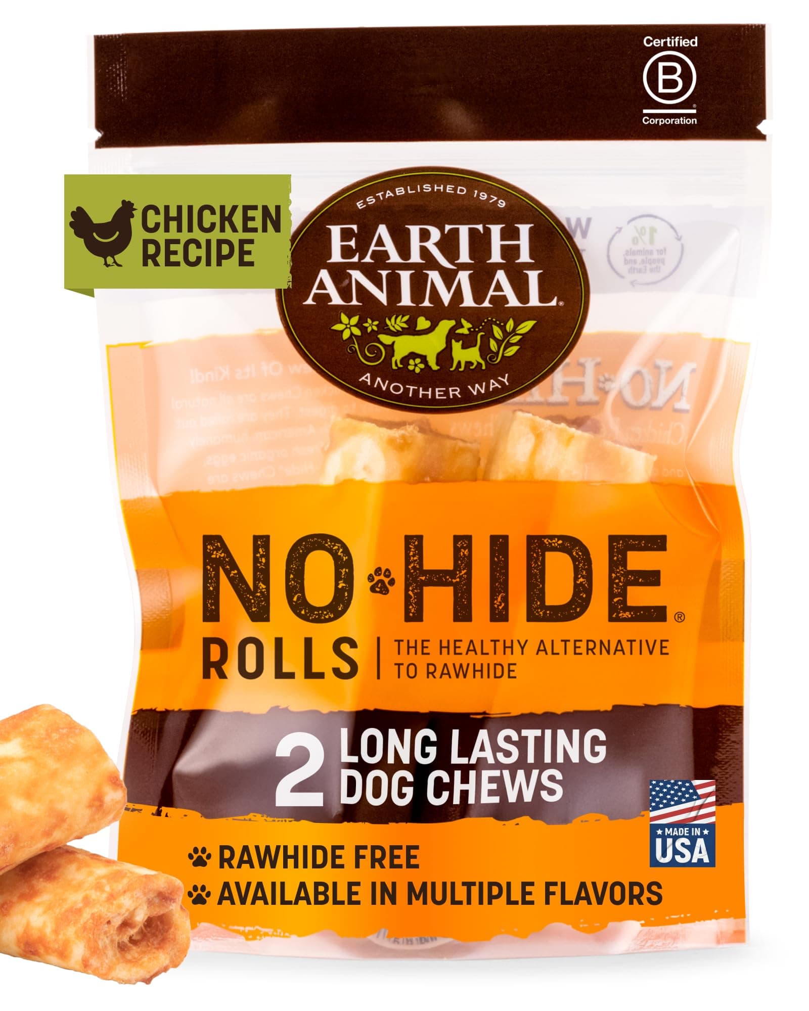 Earth Animal No Hide Chews - Long Lasting Rawhide Free Small Dog Chews Rolls, Chicken - 2 Count