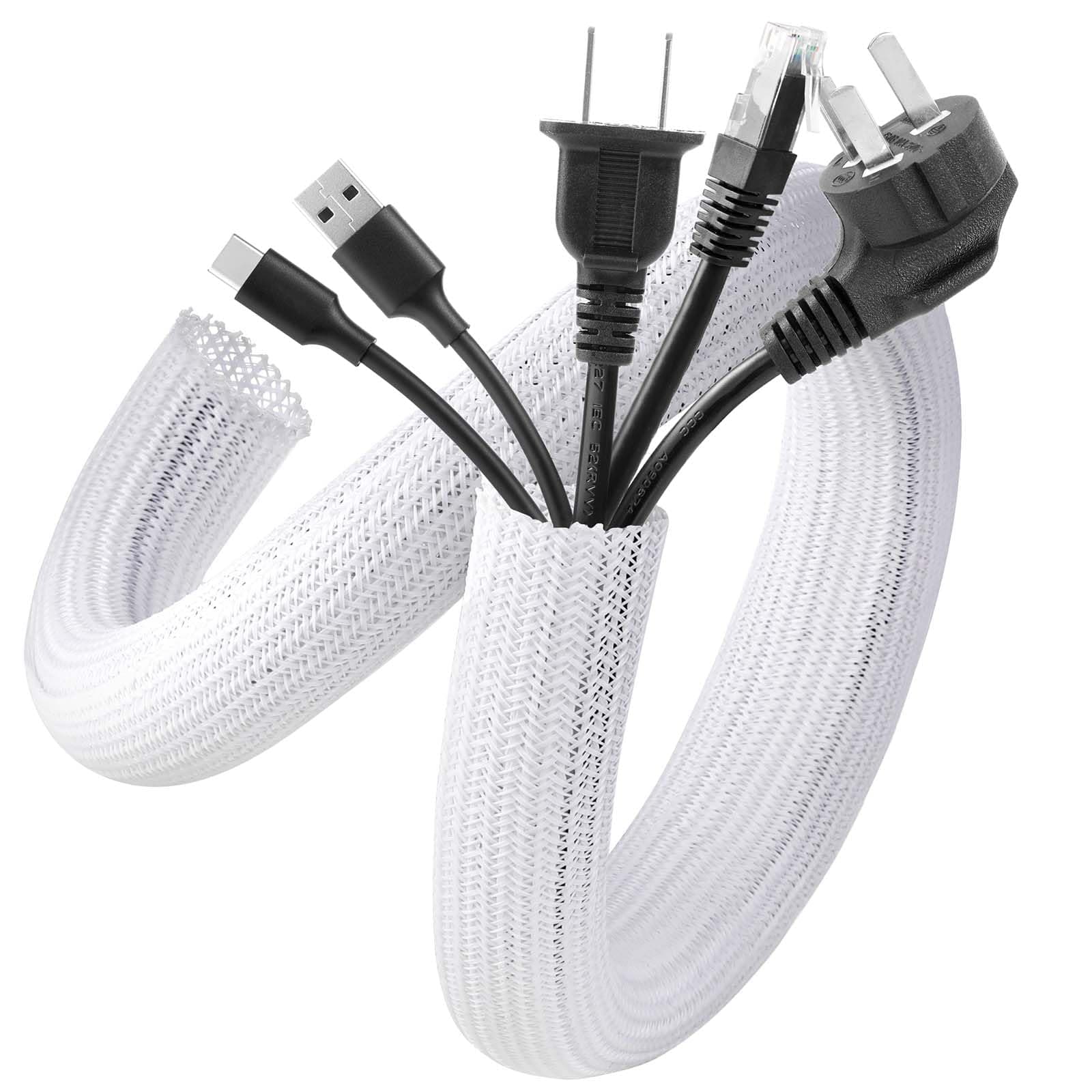 6 m Cable Sleeve, 15-25 mm Self-Closing Cable Duct, Flexible Woven Cable Sheath, Cable Management for Desk, TV, Computer, PC, Cable Protection for Dogs, Cats, White