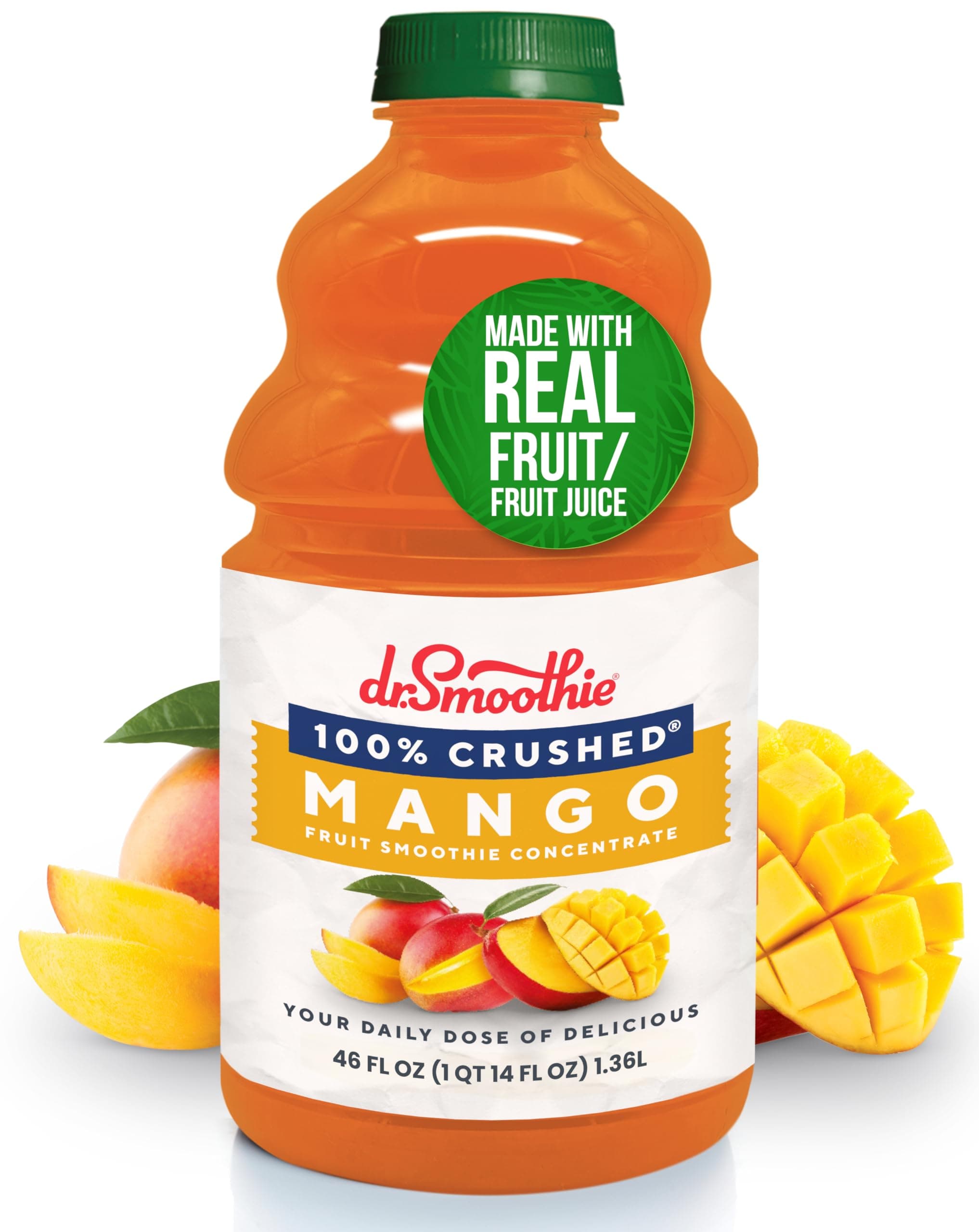 Dr. Smoothie 100% Crushed Mango – No Added Sugar, Made with Real Fruits/Fruit Juice – Vegan, No Artificial Colors or Flavors – Sweet Mango with a Hint of Pineapple & Banana – 46 oz Bottle