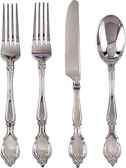 Antique Design Disposable Flatware Set (96 PC) Plastic Silverware Cutlery Set for 24, 24 Spoons, 24 Knives, 48 Forks, Heavy Duty Plastic Utensil Set for Weddings and Events, Baroque Collection, Silver
