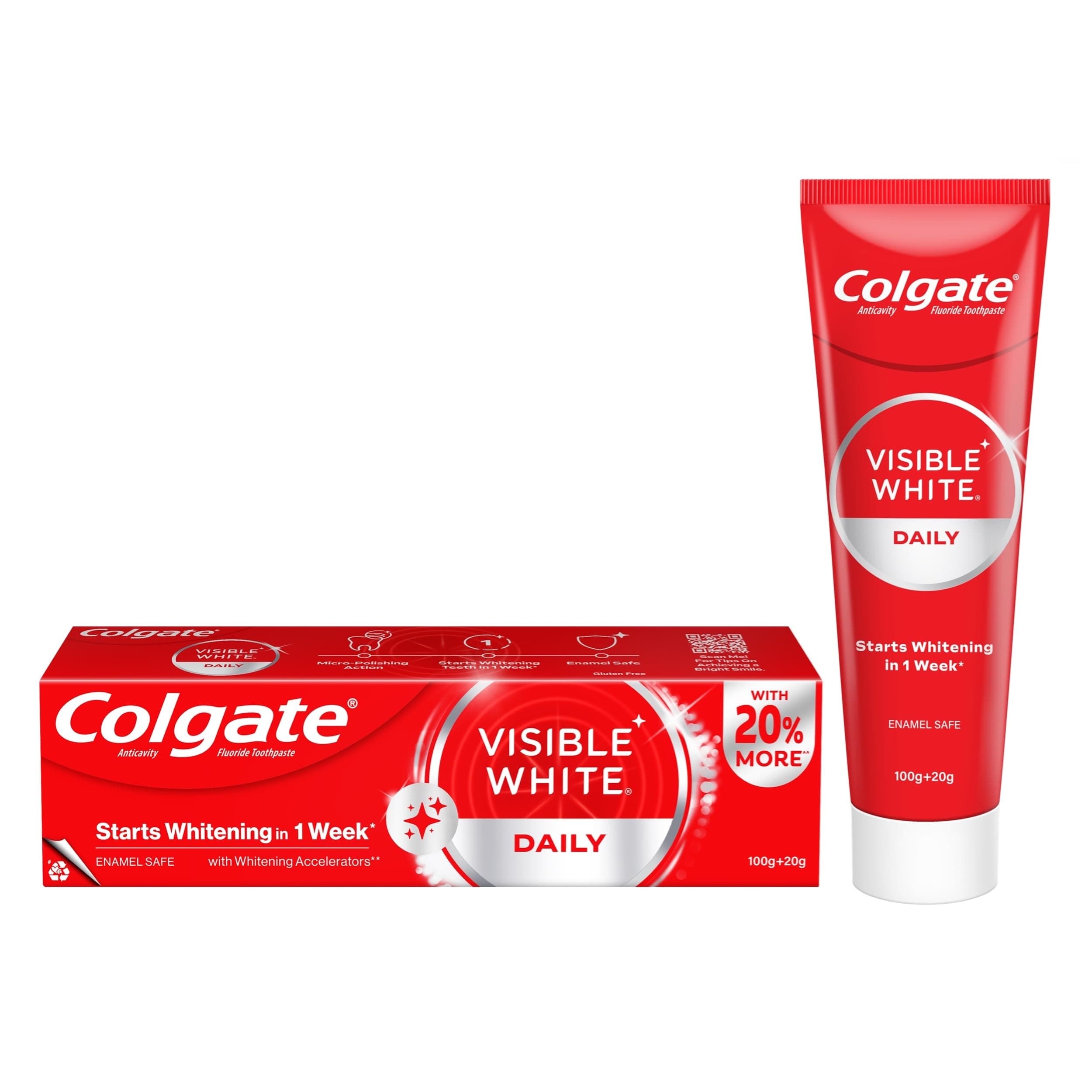 Colgate Visible White Toothpaste, Teeth Whitening Starts in 1 week, Safe on Enamel, Stain Removal Tooth Paste and Minty Flavour for Fresh Breath (100g + 20g)