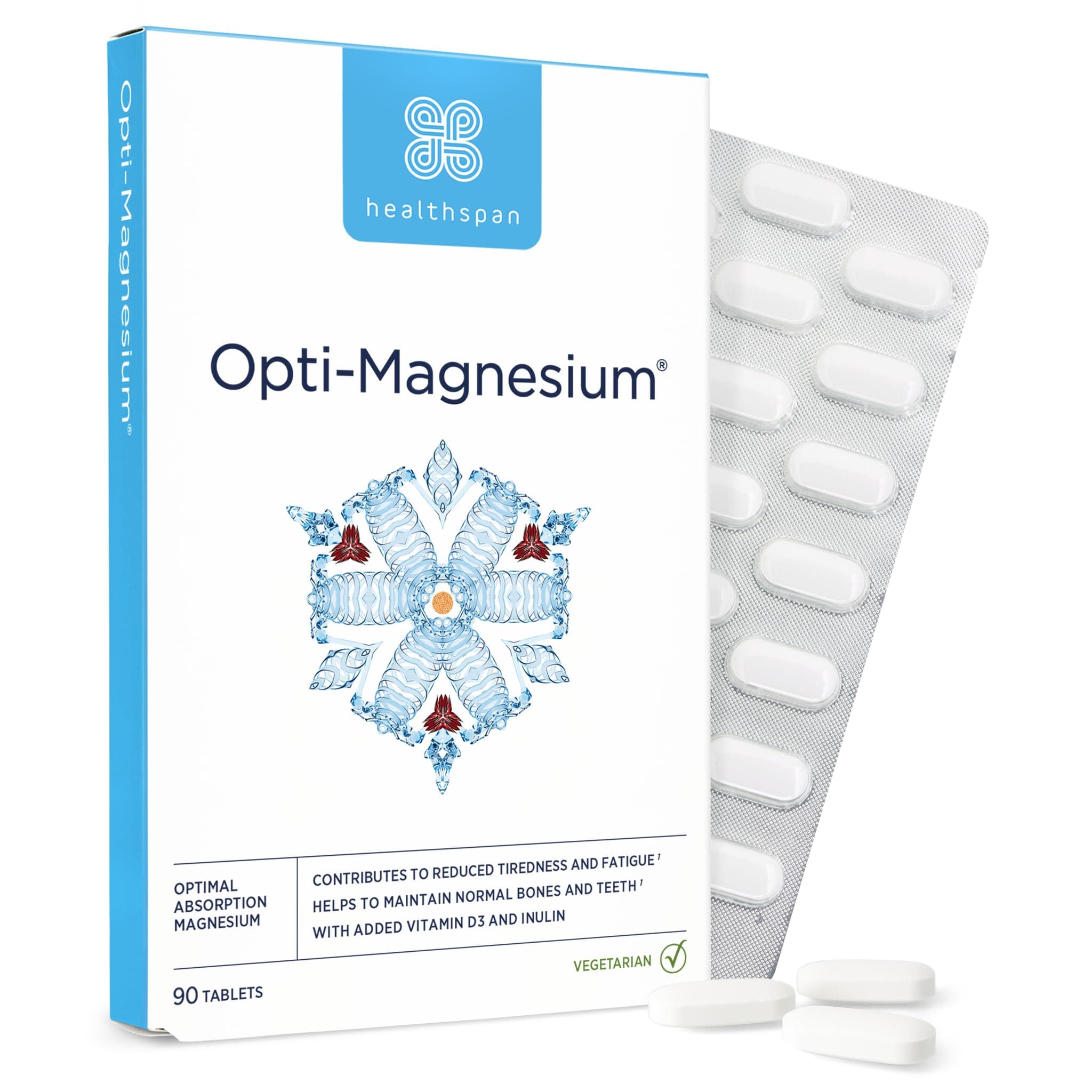 Healthspan Opti-Magnesium | 90 Tablets | for Bone & Muscle Support | Maintains Psychological Function and Nervous System | Easily Absorbed | Added Vitamin D3 | Inulin | Vegetarian