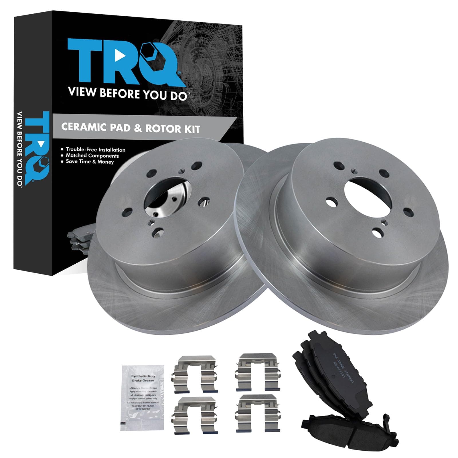 TRQ Rear Ceramic Brake Pad and Rotor Set Compatible with 05-09 Subaru Legacy; 05-09 Subaru Outback