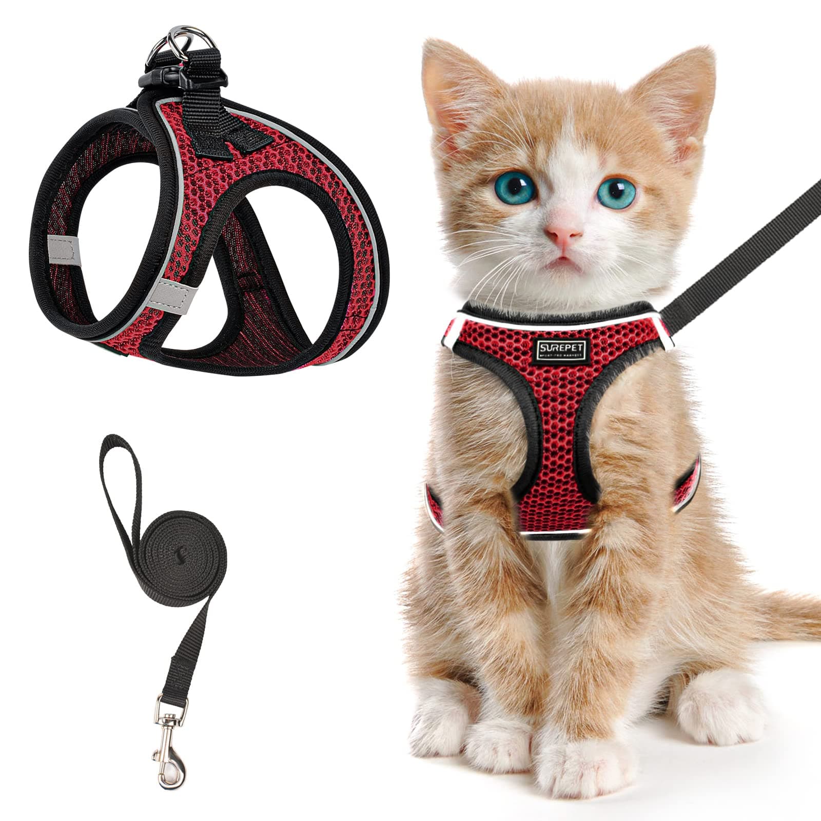 Cat Harness and Leash for Walking Escape Proof, Adjustable Kitten Vest Harness Reflective Soft Mesh Puppy Harness for Outdoor, Comfort Fit, Easy to Control (Red, M)