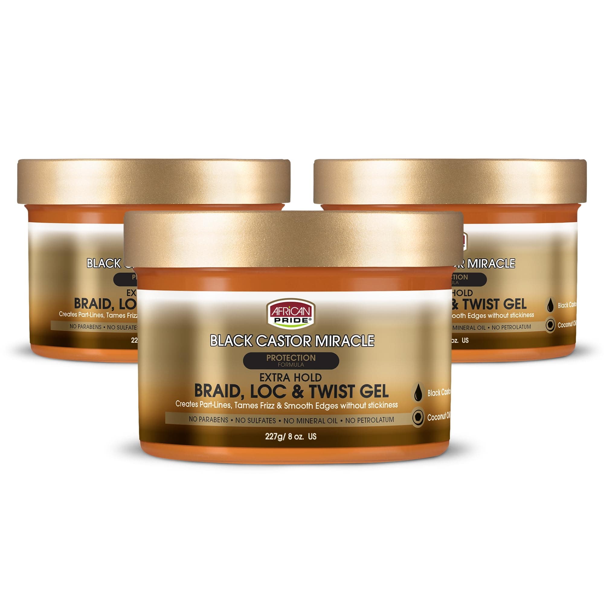 African Pride Black Castor Miracle Extra Hold Braid, Loc, Twist Gel (3 Pack) - Tames Frizz & Controls Edges, No Parabens, No Sulfates, No Mineral Oil, No Petrolatum, Contains Black Castor & Coconut Oil, 8 oz