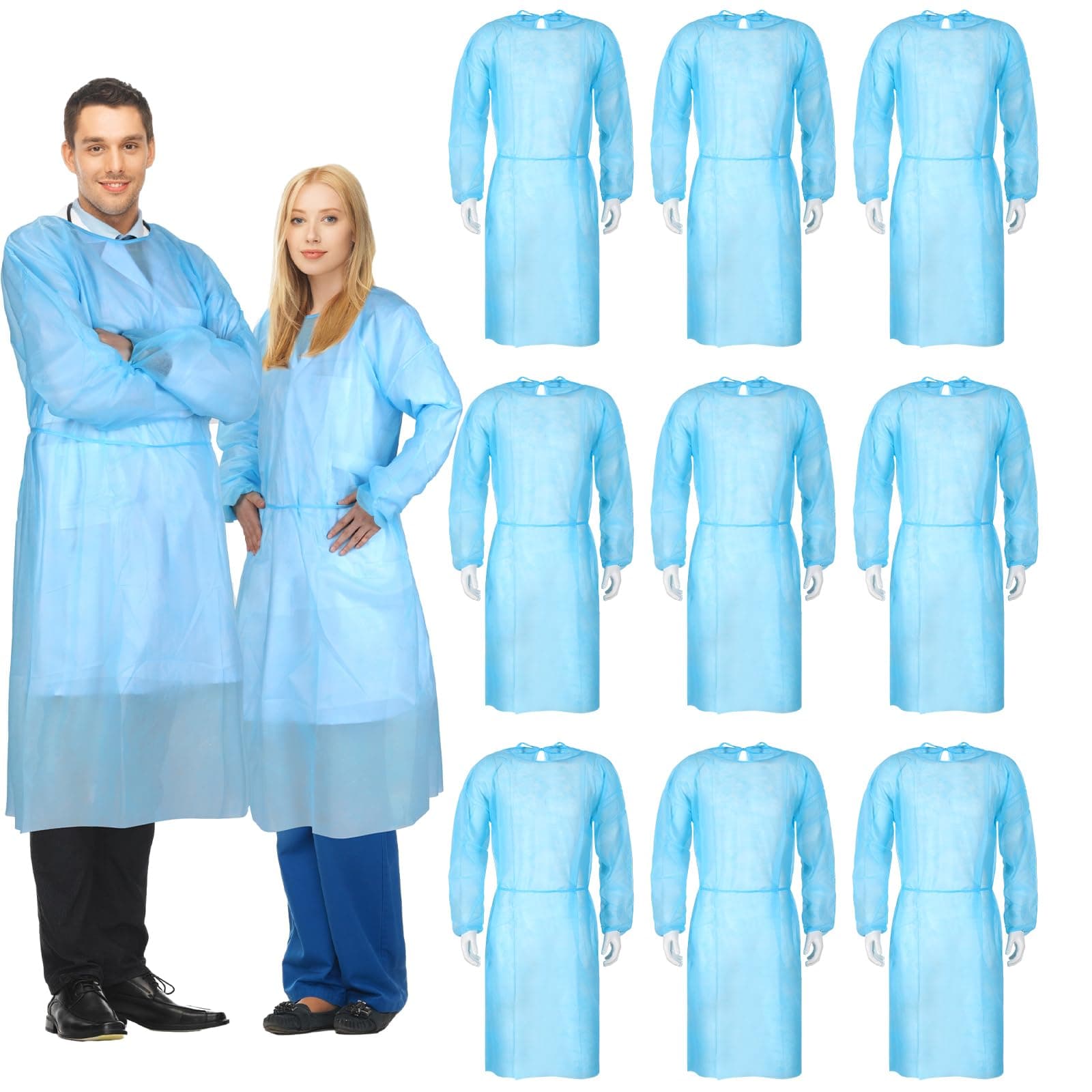 Xuhal 150 Pack Disposable Isolation Gowns PPE Gowns Disposable Bulk Fully Closed Double Tie Back Elastic Cuffs for Home Isolation, Labs, Dental, Beauty Agencies, Tattoo Practices, Unisex (Blue)
