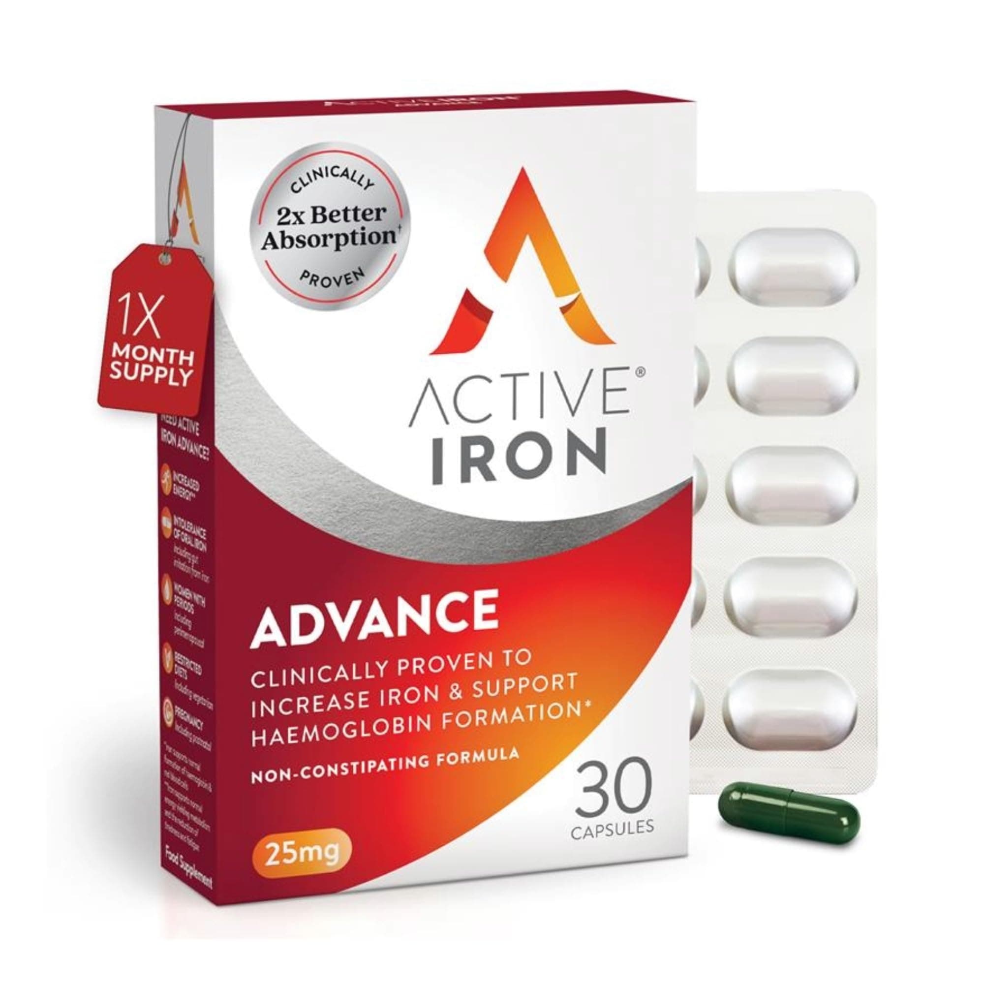 Active Iron Advance Supplement 25 mg - Clinically Proven to Increase Iron & Energy Levels - Gentle, Non-Constipating, Highly Absorbed - 30 Capsules, 1 Month Supply