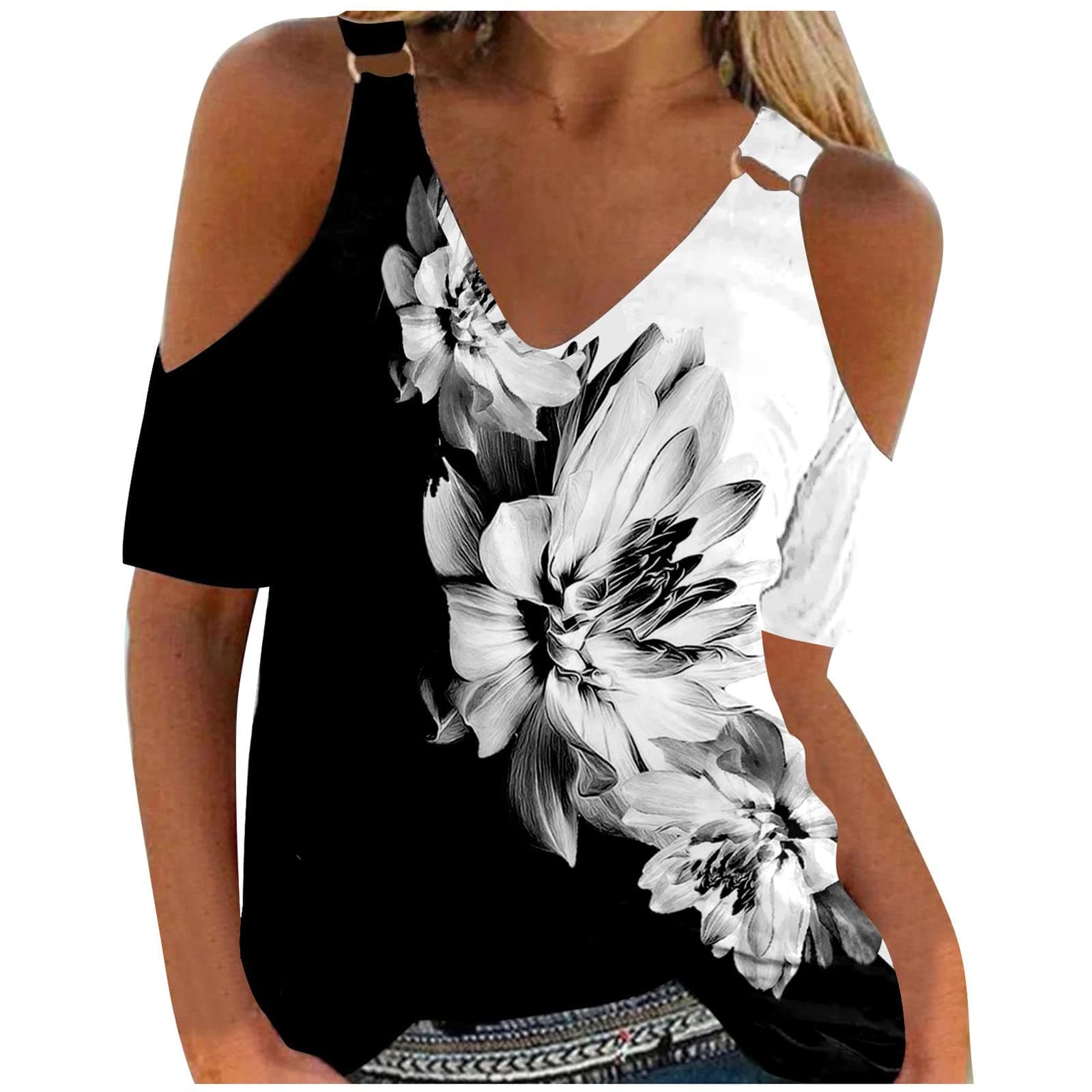 GIANTHONGV Neck Tops for Women Cold Shoulder Solid Short Sleeve Tee Top Loose Fit Athletic Comfort Elastic Shirts Blouses