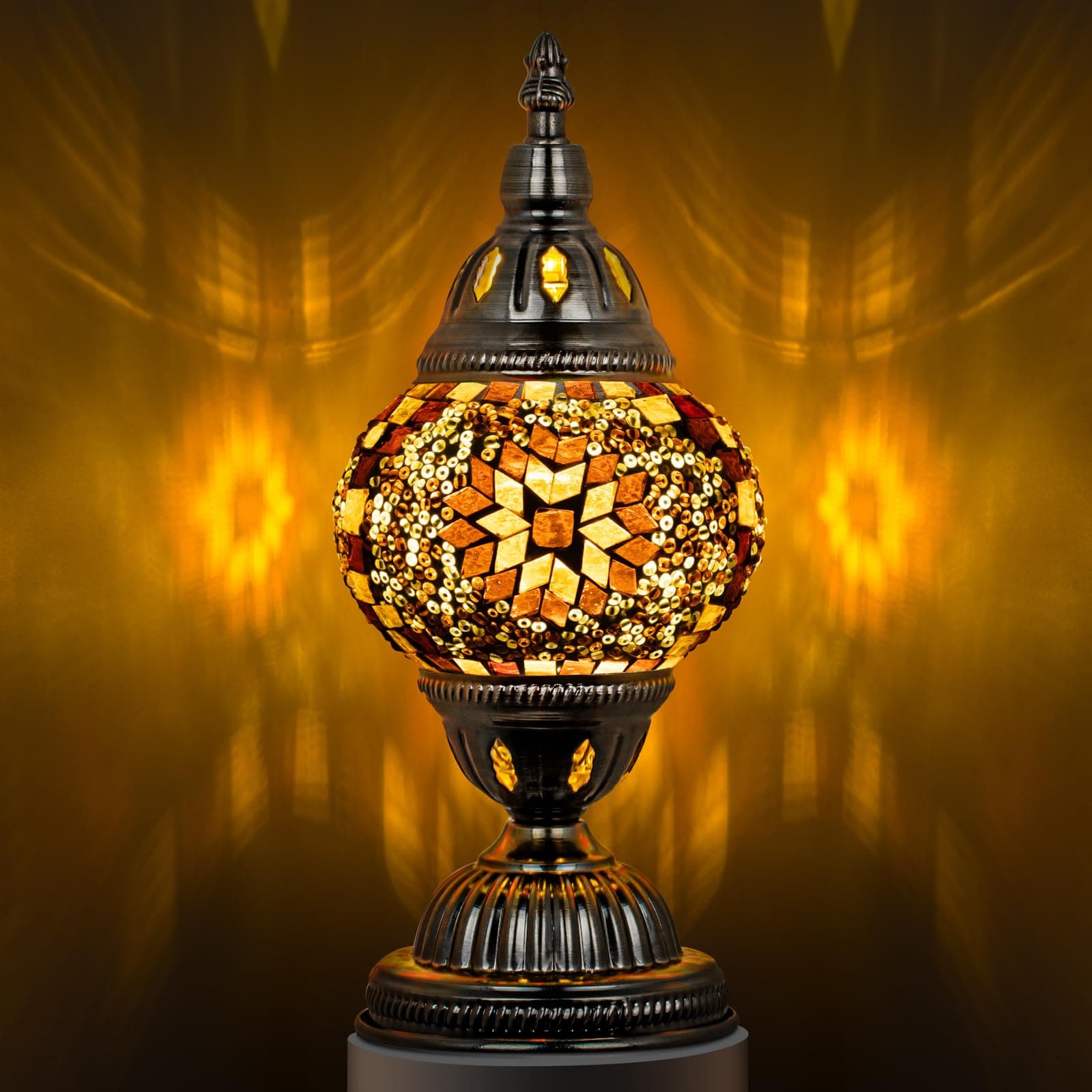 Marrakech Turkish Table Lamp with Bronze Base，Handmade Yellow Moroccan Tiffany Style Mosaic Glass Night Stand Light Fixture Including LED Bulb for Living Room Bedroom Decor (Yellow)