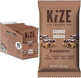 KiZE Energy Bars - Cookie Dough - Gluten Free, Dairy Free, Non-GMO, and High Protein Meal Replacement Energy Bars, Clean and Simple Food Ingredients - 10g High Protein Snacks, (10 Count)