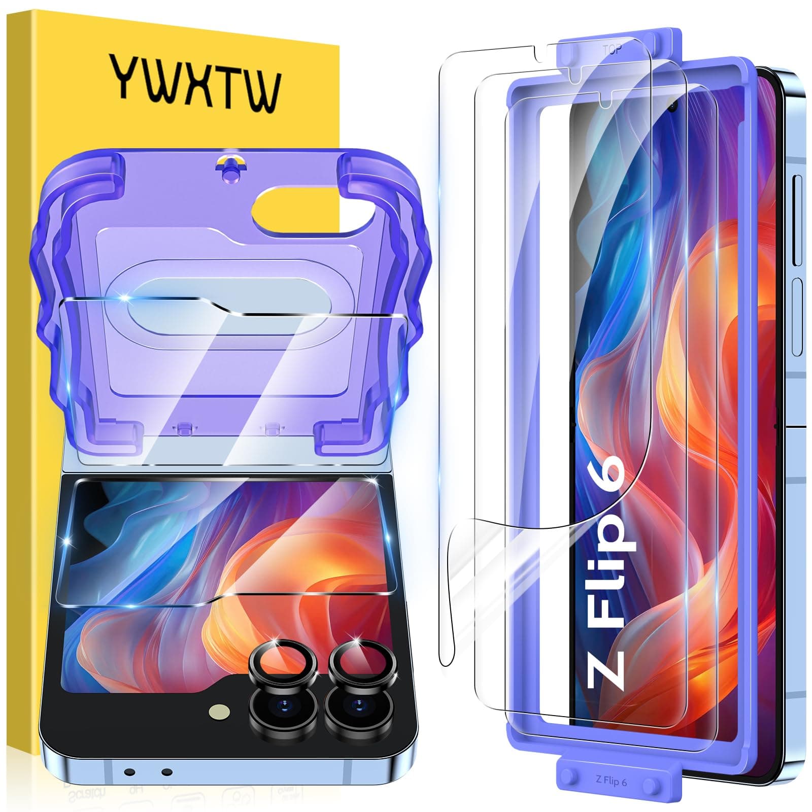 YWXTW EZ Alignment for Samsung Galaxy Z Flip 6 Screen Protector, [Strengthen Crease Test] 3Pcs Inner Soft EPU Film+2Pcs Front Display Tempered Glass+1 Set Camera lens Protector, Anti Scratch
