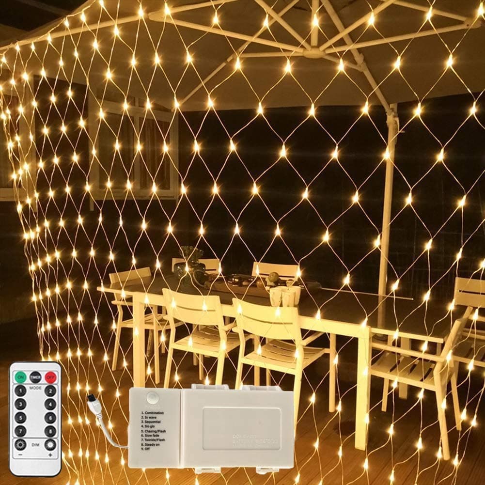 3m x 2m 200 LED Net Lights Outdoor Mesh Bush Lights with Remote, Tree wrap Lights, 8 Modes Dimmable String Lights for Christmas Halloween Bushes Powered by 3 x D Batteries, Warm White
