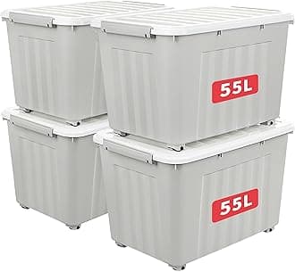 Cetomo 55L*4 Storage Boxes with Lids, Plastic Storage Box with Wheels and Secure Side Latches, Stackable & Nestable Organizer for Home, Office, Moving, PP, Gray, 55L-4 Pack