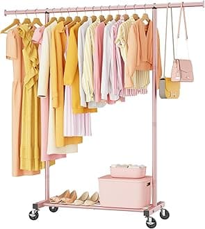 Clothes Clothing Garment Rack with Wheels,46.5" L Portable Rolling Clothing Racks for Hanging Clothes, Sturdy Closet Wardrobe Rack Clothes Storage Organizer Hanger for Coats, Shirts, Dress,Pink