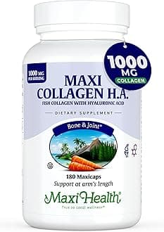 Maxi Health Marine Collagen Pills – 1000 mg Type 1 Collagen for Women & Men with Hyaluronic Acid Supplement for Joint & Skin Support – Unflavored, Clean Kosher Capsules (180 Maxicaps)